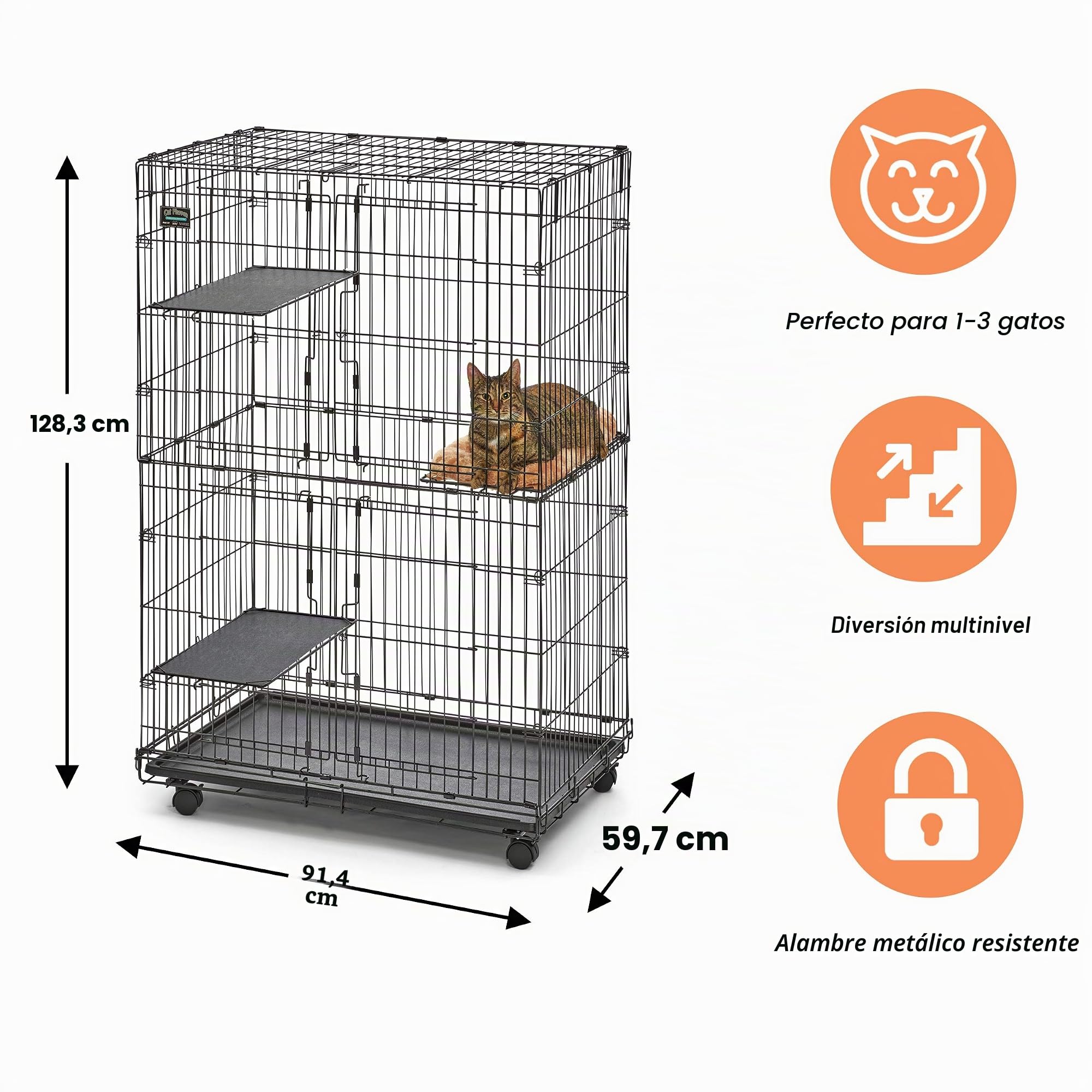 MidWest Homes for Pets - Parque de juegos plegable de metal para gatos en interiores. Incluye jaula con ruedas bloqueables, 3 plataformas, bandeja extraíble y cama de felpa. Ideal para 1 a 3 gatos