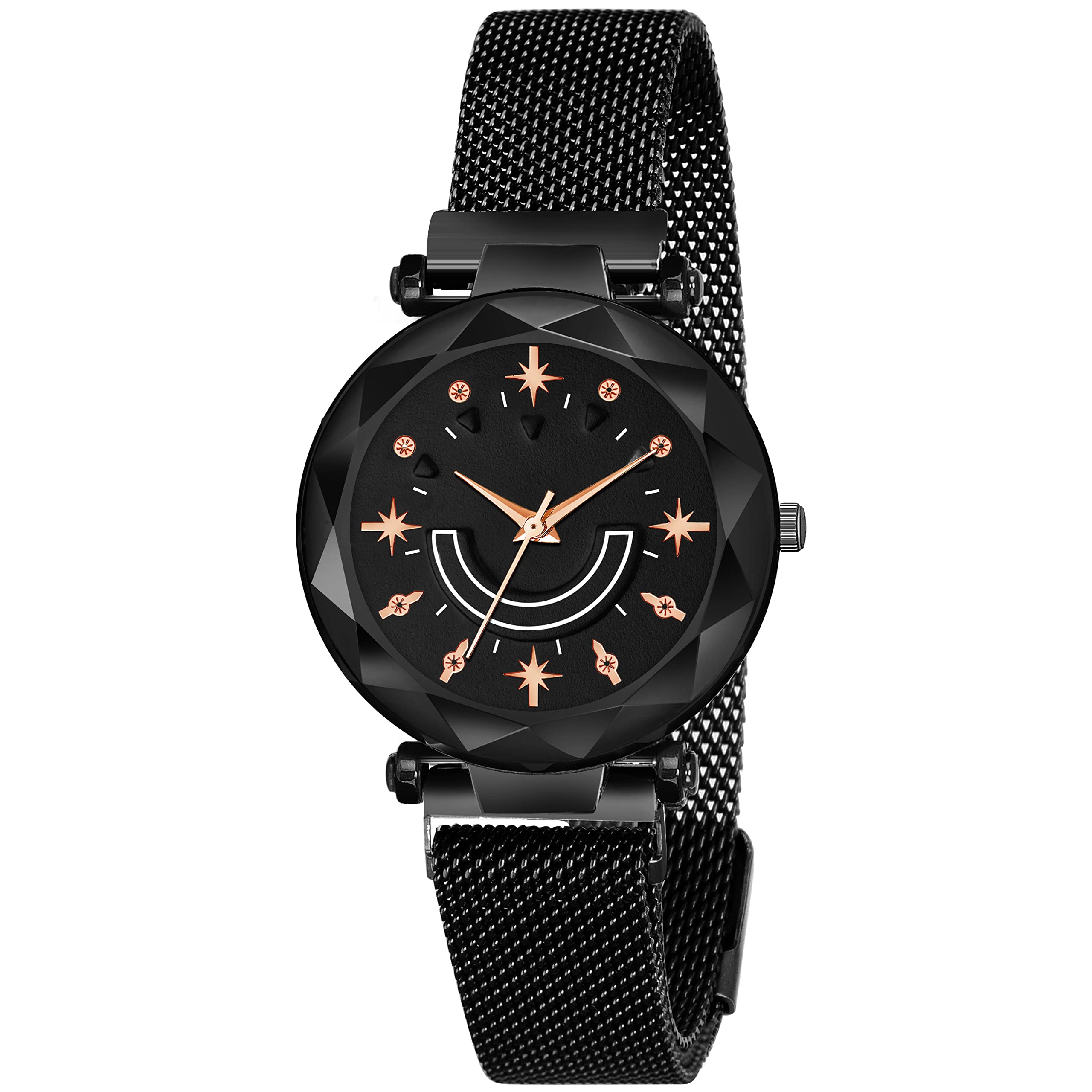 KIARVI GALLERY Analogue Smiley Black Dial Unique Designer Magnetic Metal Strap Watch for Girls and Womens (Black Dial, Black Strap) (B0B1JFXVN5) Amazon Price History, Amazon Price Tracker