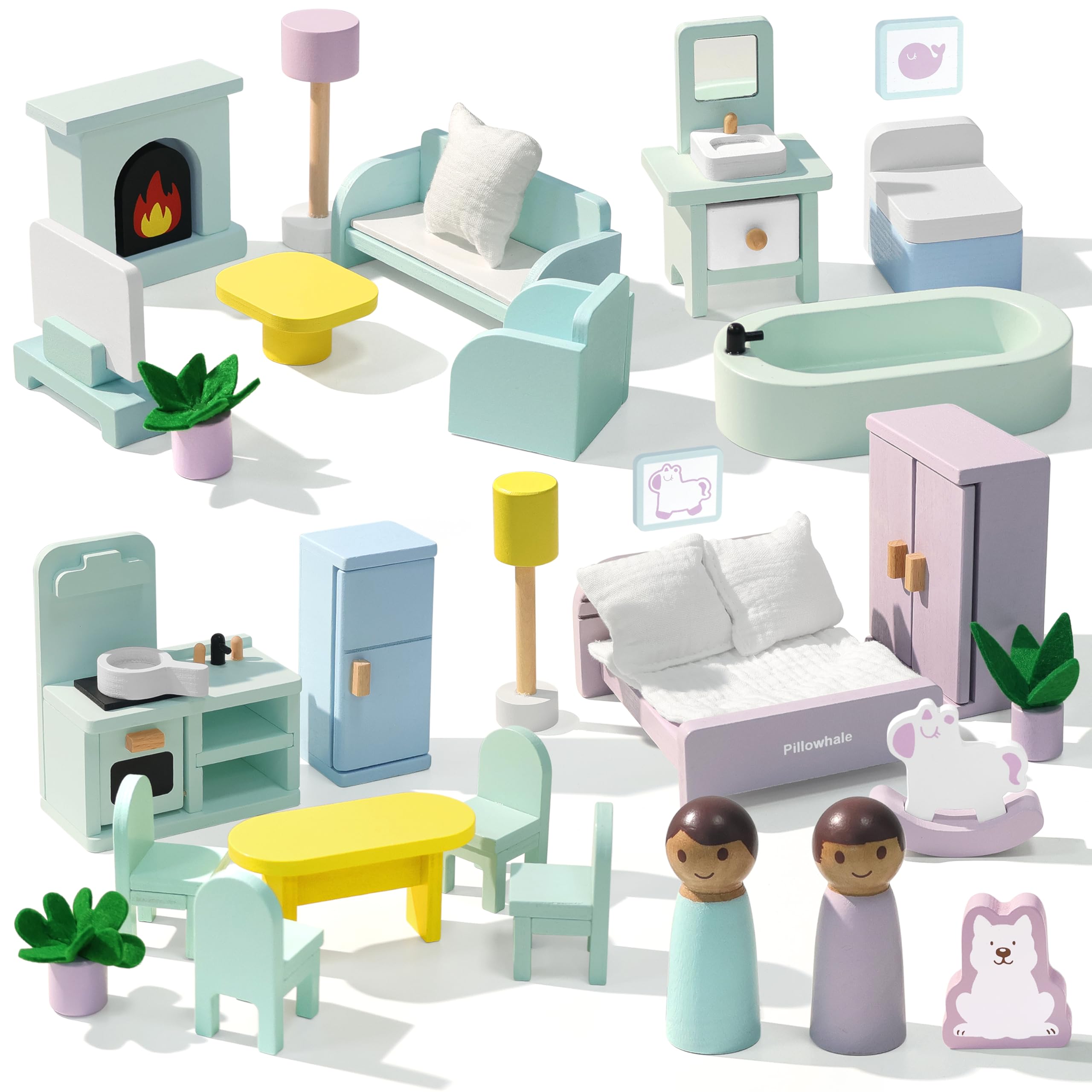 Pillowhale Wooden Dollhouse Furniture Set,36-Piece Dollhouse Furniture & Accessories for 6 Rooms,Interactive Pretend Play Furniture Toys, Gift for
