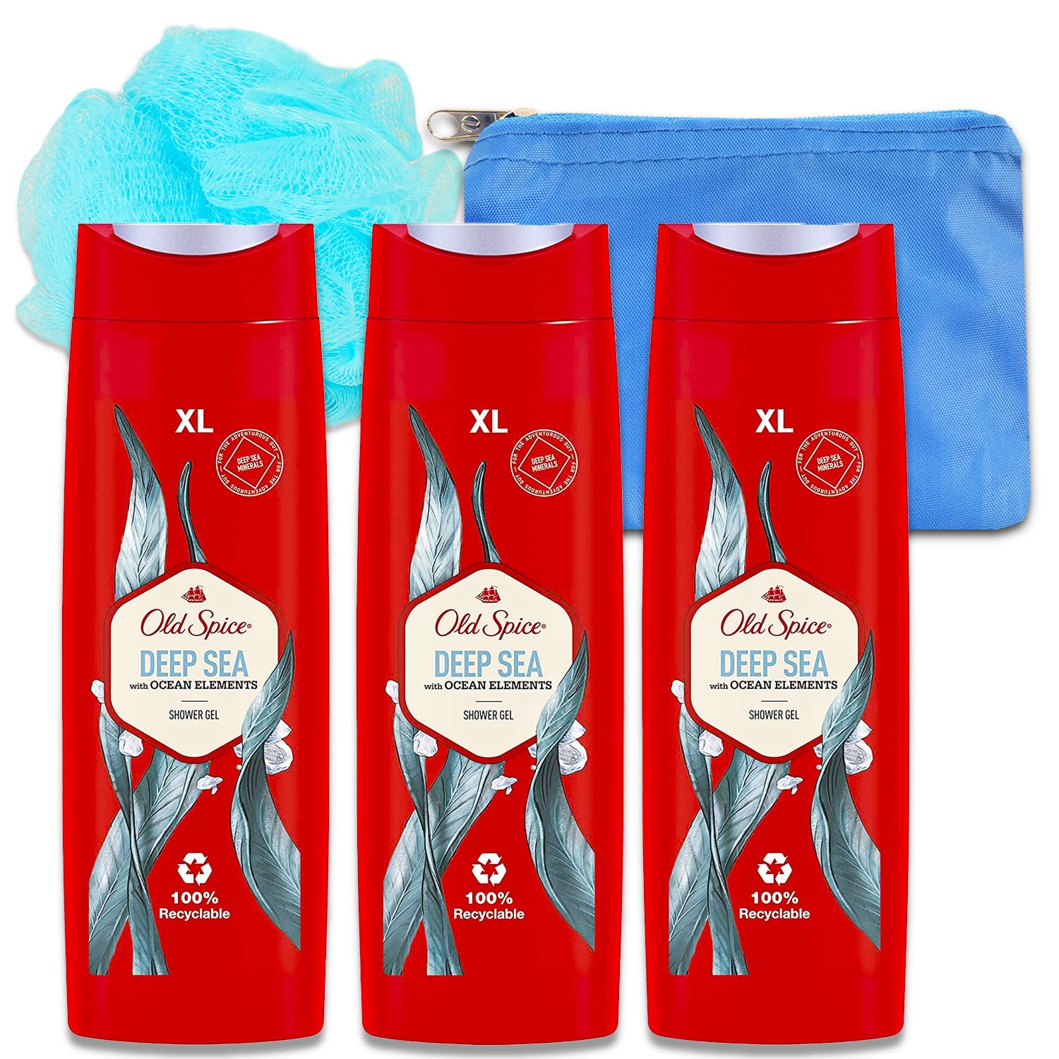 Old SpiceDeep Sea Shower Gel Set of 3 - Bundle with 3 Old Spice Body Wash Soap Bottles Plus Loofah Sponge, More | 400 ml Old Spice Body Wash Bottle (13.5 oz)