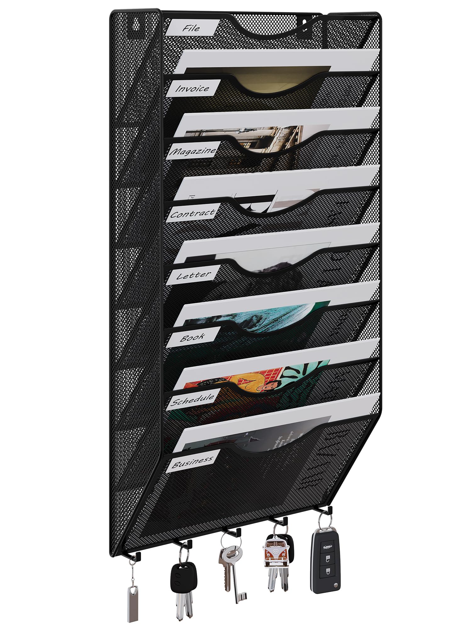 EasyPAG Metal 8 Tier A4 Wall Mounted Document Holder,Hanging Wall File Organiser,Pigeon Holes Storage,Filing Tray,Wall Pocket,Magazine Rack with 5 Hooks for Office & Home,Black