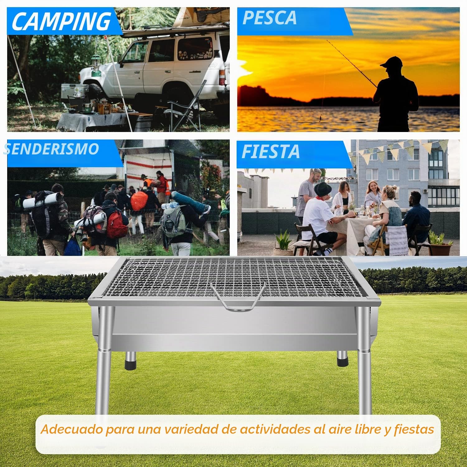 Barbacoa de carbón de madera inoxidable ajustable barbacoa desmontable de acero portátil barbacoa al aire libre parrilla de pie para jardín de picnic camping