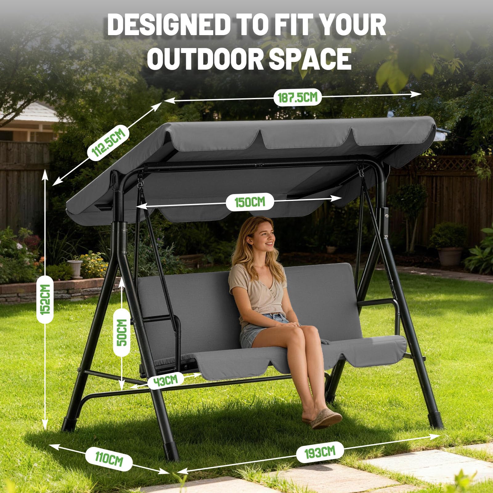 Hollywoodschaukel 3-Sitzer Outdoor mit Verstellbarem Sonnendach – Gartenschaukel mit Komfortabler Polsterung, Bis 200kg Belastbar & Teslin-Sitz – Maße 193x110x152cm,Grau