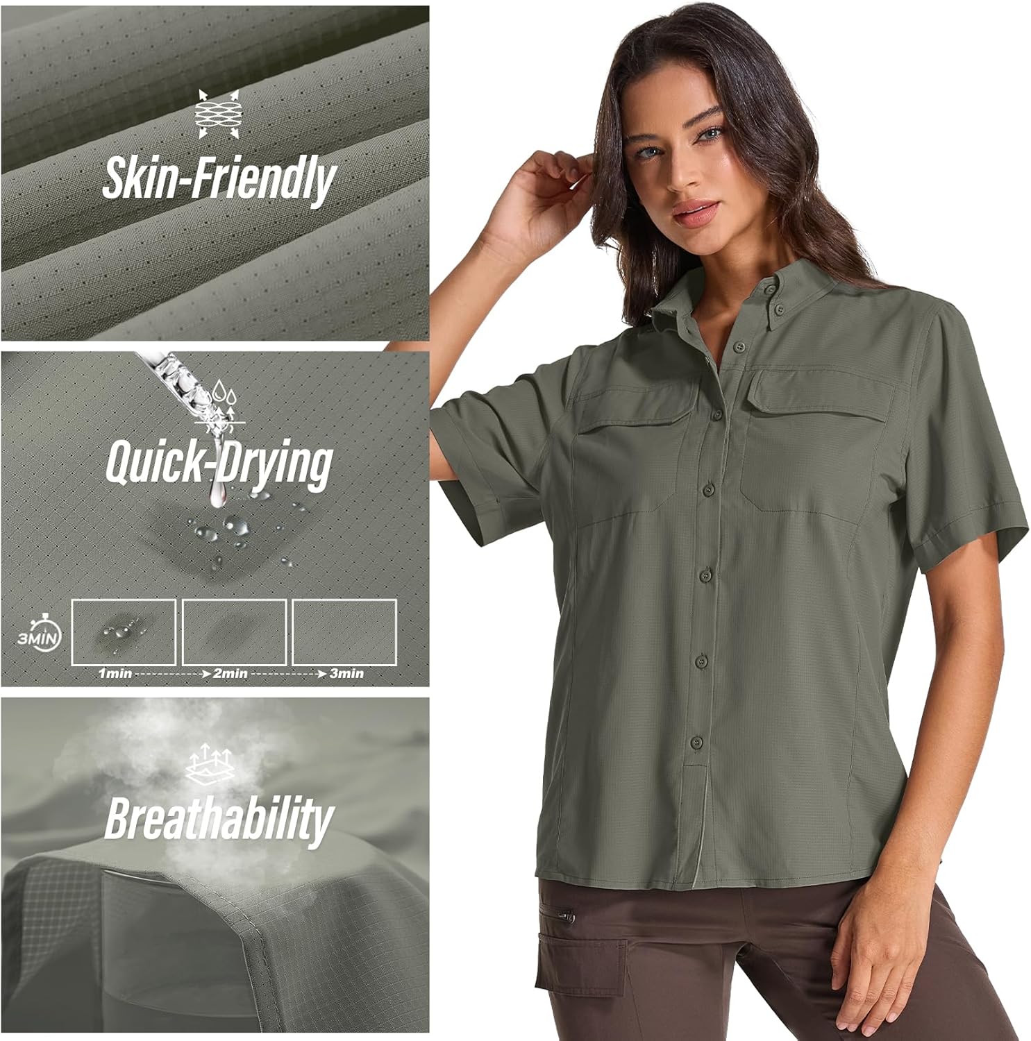 Womens Safari Hiking Sun Shirts Sun Protection Quick Dry Short Sleeve Button Shirts - Image 6