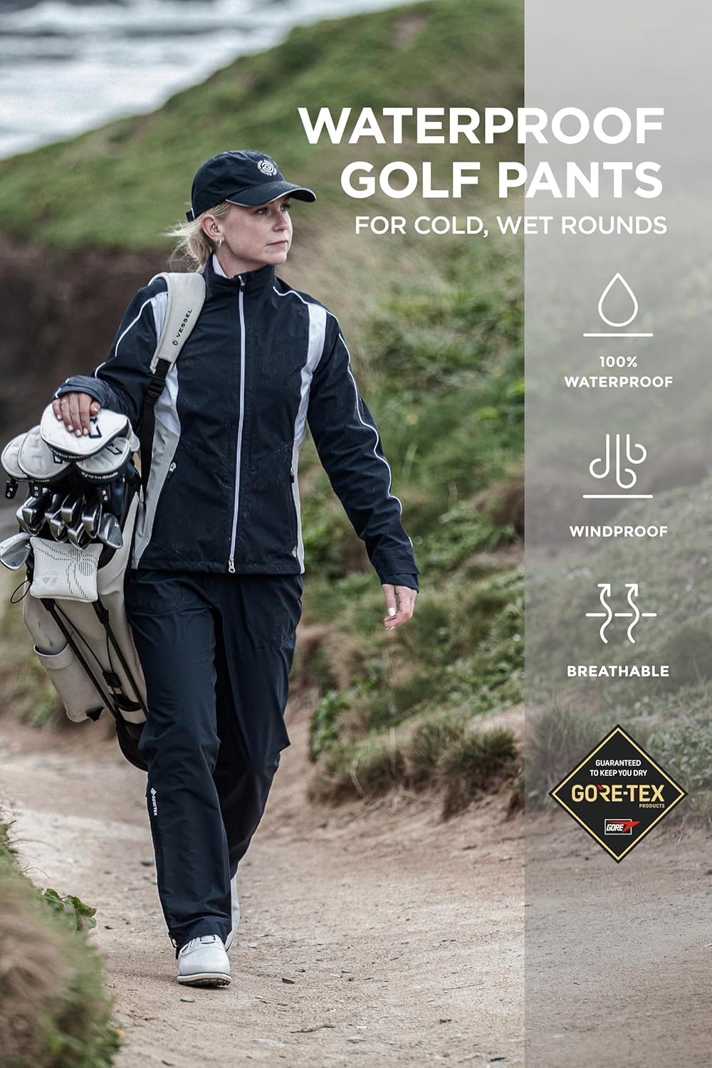 Womens Gore TEX Lined Waterproof Golf Rain Pants 100% Waterproof Windproof Breathable Warm Overpants Elastic Waist Leg Zips