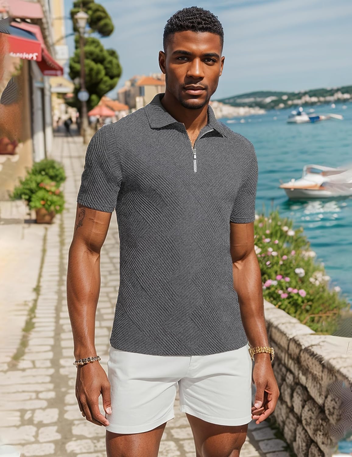 UOUA Men's Zipper Polo Shirts Short Sleeve Sweatshirts Soild Color Tops Striped Texture Casual Golf T - Image 4