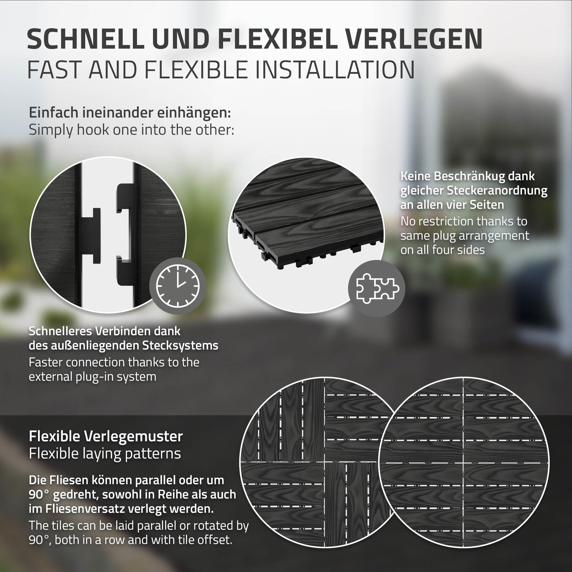 ECD Germany Baldosas de Patio WPC de 30x30 cm 11 Piezas para 1m² Aparencia de Madera Antracita con Sistema de Drenaje e Instalación Mediante Clic, Losa Aspecto Tabla de Leña para Terraza y Balcón