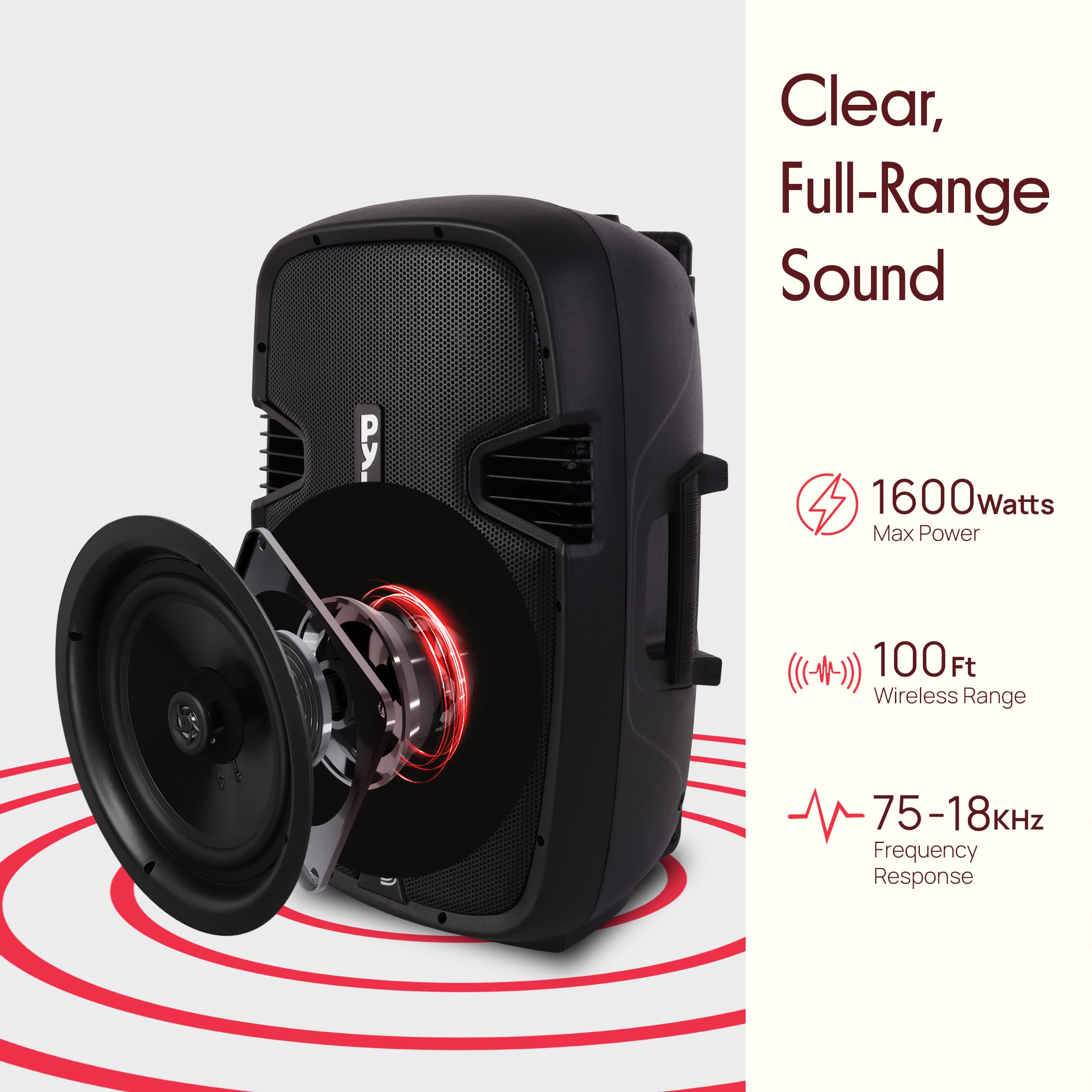 Pyle Enceinte Bluetooth Puissante,1600W, Enceinte Active Karaoke, Haut Parleur Portable avec Batterie Rechargeable,Roues de Transport Pratiques, USB MP3 RCA, Radio FM, 2 Microphones UHF,Télécommande