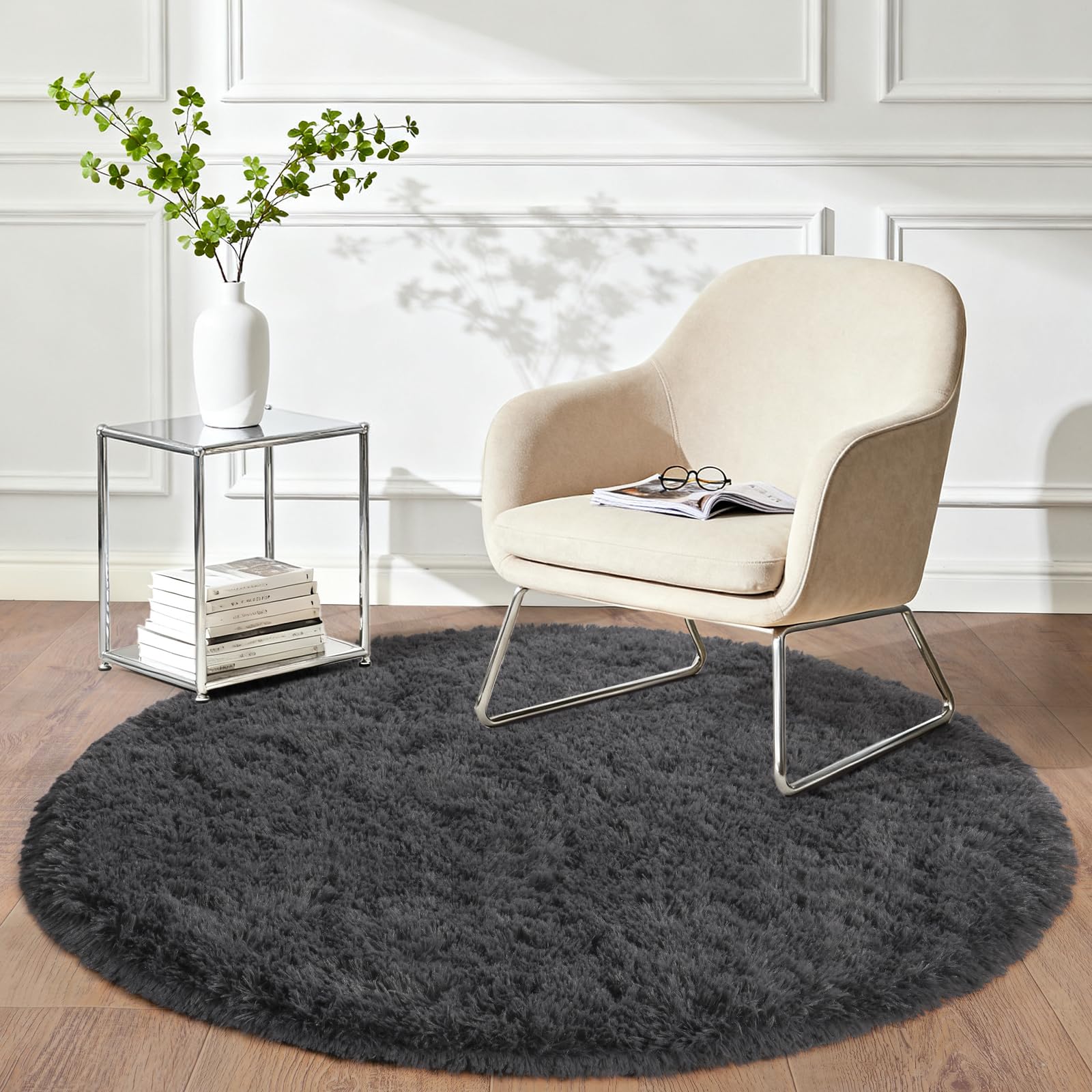 iEvery Round Rugs for Living Room 120cm - Fluffy Shaggy Circle Rug for Bedroom, Soft Non Slip High Pile Modern Floor Carpet for Kids Room, Charcoal — image 1