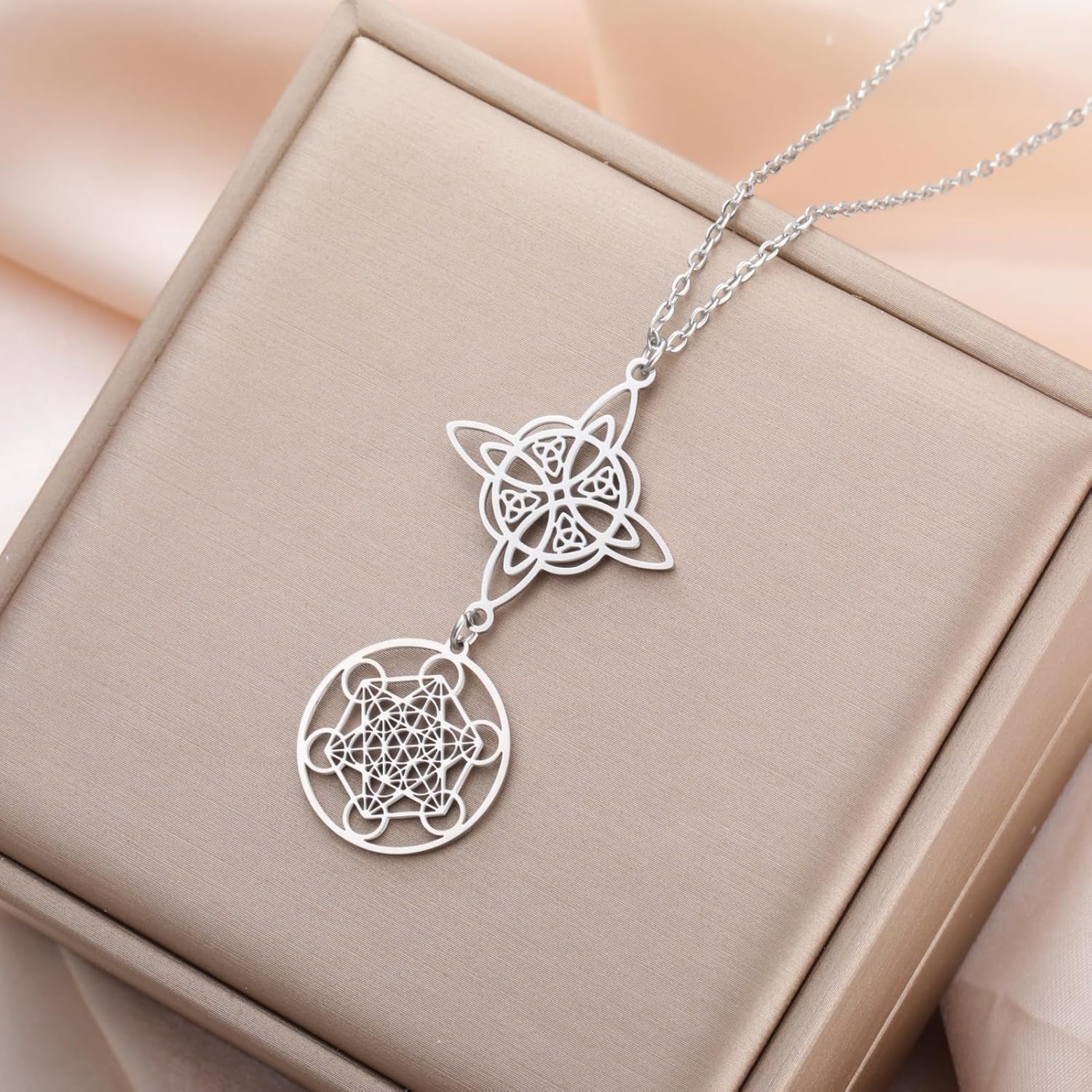 TEAMER Metatron Cube Witch Knot Pendant Necklace Double Amulet Protection Stainless Steel Witchcraft Necklaces Vintage Jewelry For Women - Image 6