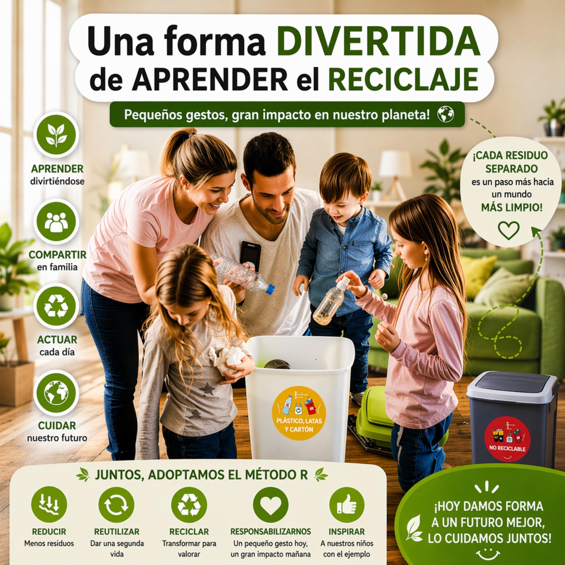 Pack 6 Pegatinas Reciclaje Basura ESPAÑOL Ø11 cm | Pegatinas Cubo Basura | Etiquetas Adhesivas reciclaje | Vinilo para reciclar en Cocina, Oficina, Colegios - Didacticas, Acabado brillo