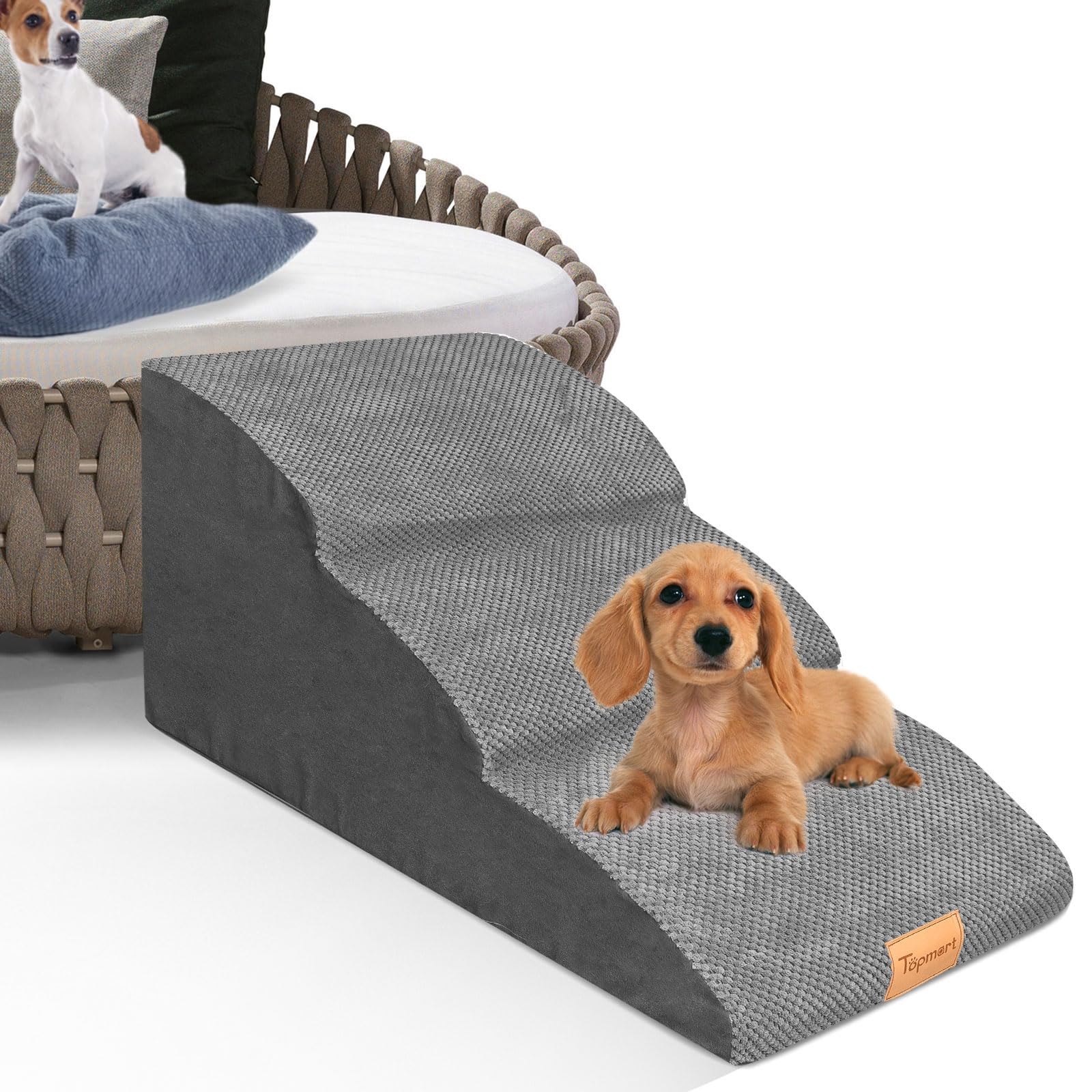 Topmart High Density Extended Foam Dog Ramp&Steps 3 Tiers,15.7" High,Non-Slip Dog Stairs with Removable Cover,Soft Foam Pet Ladder,Best for Injured,