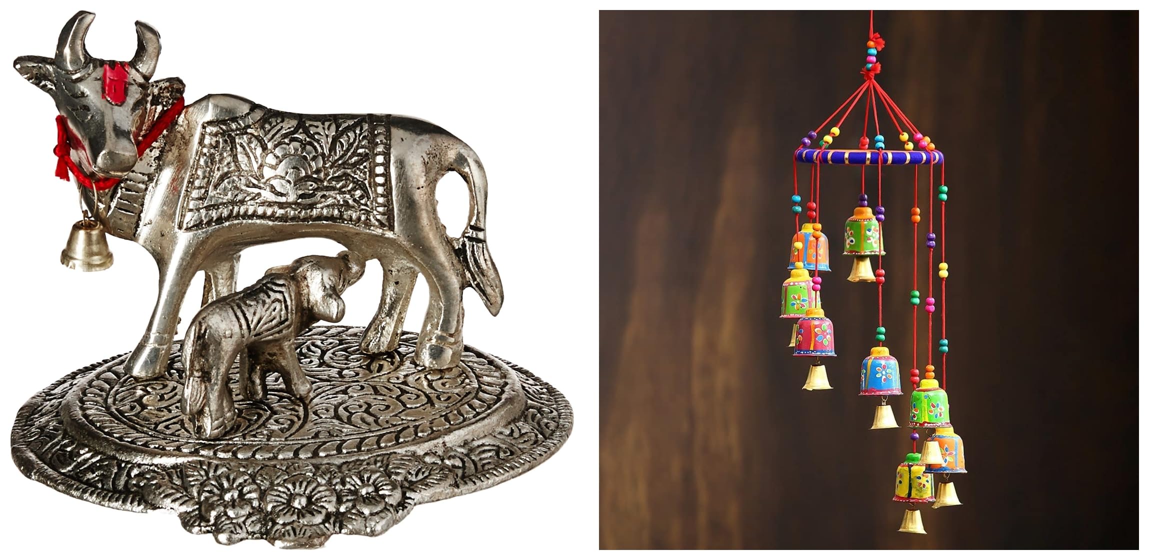 eCraftIndia White Metal Cow and Calf handicrafted Decorative Wall/Door/Window Hanging Bells Wind Chimes Showpiece