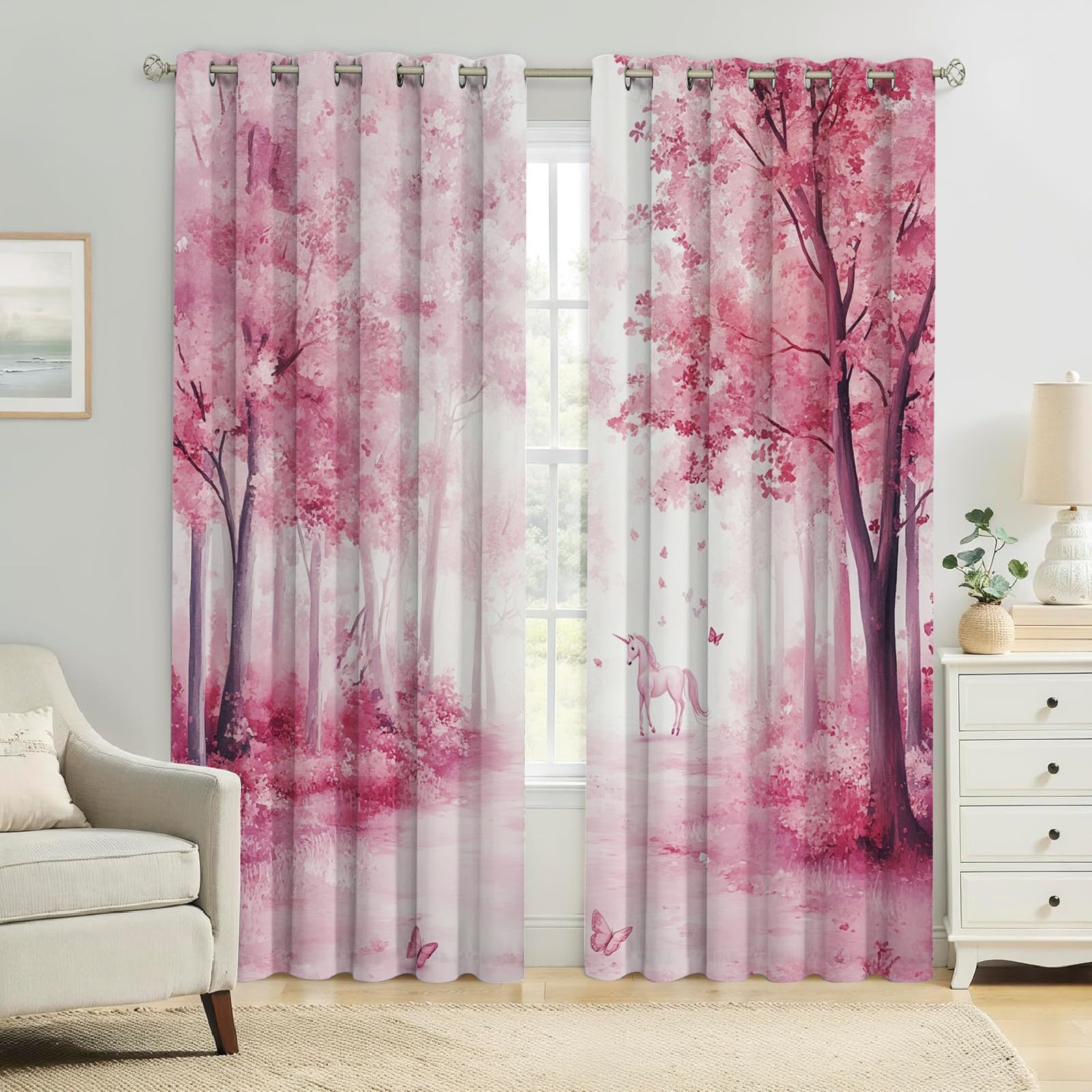 Lot de 2 Rideaux Occultants Phoniques Licorne Thermiques Anti Froid avec Œillets, Opaques Rose Clair pour Chambre Enfant et Salon 140L X 175H cm