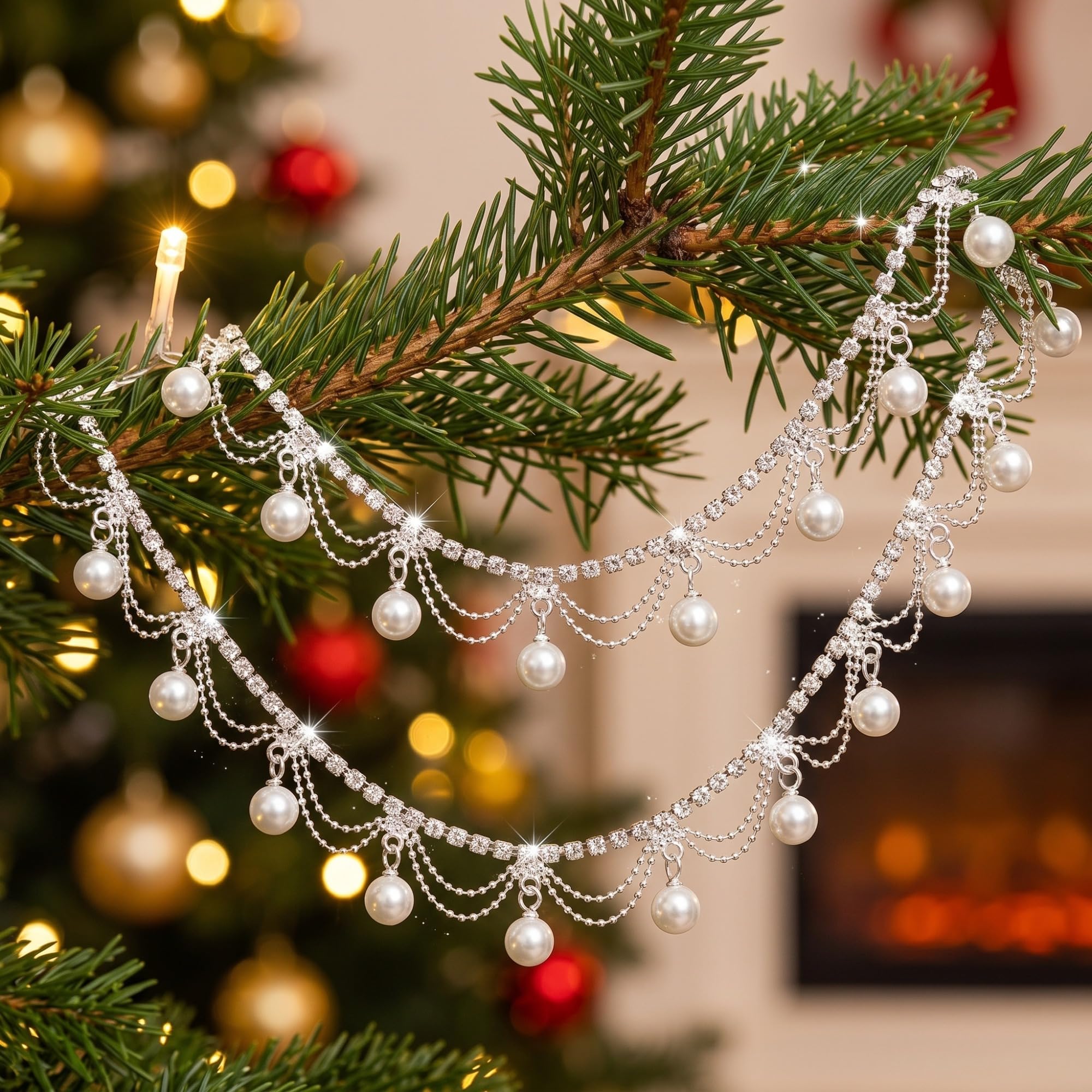 Yookeer Guirlande de Noël avec perles et strass - Arbre de 0,9 m | Guirlande de sapin de Noël, guirlande en plastique blanc argenté, pour cheminée, escalier, cheminée, intérieur et vacances