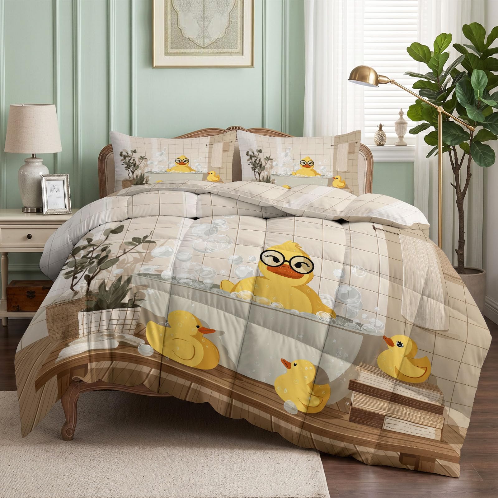 Trapunta 240 x 260 cm stampata anatra vasca da bagno bolle 4 stagioni per letto matrimoniale lavabile in lavatrice cartone animato bambino anatra gialla trapunta, reversibile senza fodera con 2 federe