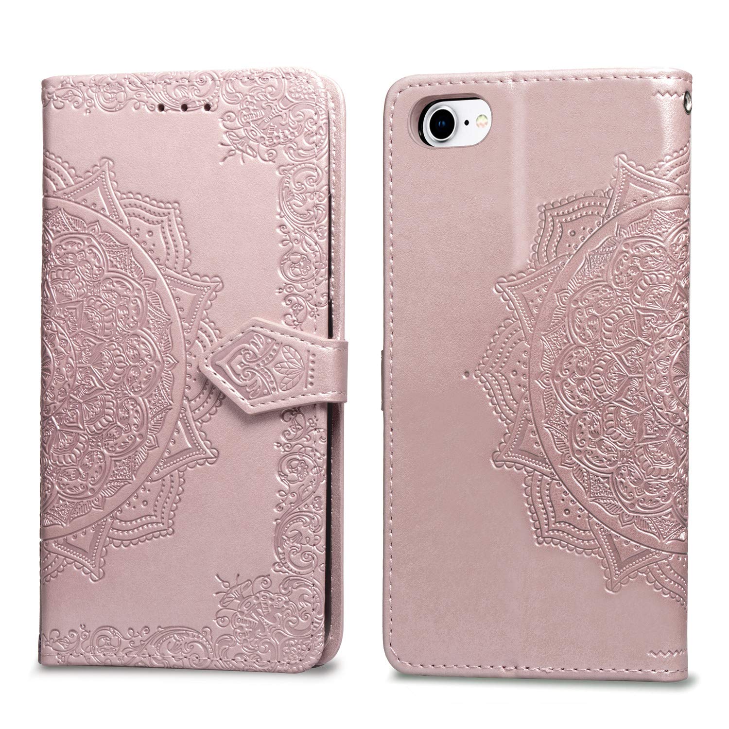 に適用するiPhone SE 第3世代 (2022) / iPhone SE 第2世代 (2020) / iPhone8 / iPhone7 ケース 手帳型 ノートブック型携帯電話保護カバー多機能携帯電話ホルスター財布携帯電話ホルダーバンプパターンテクスチャ耐久性摩擦耐性携帯電話ケース男性と女性に適した多色オプション (マンダラローズゴールド)
