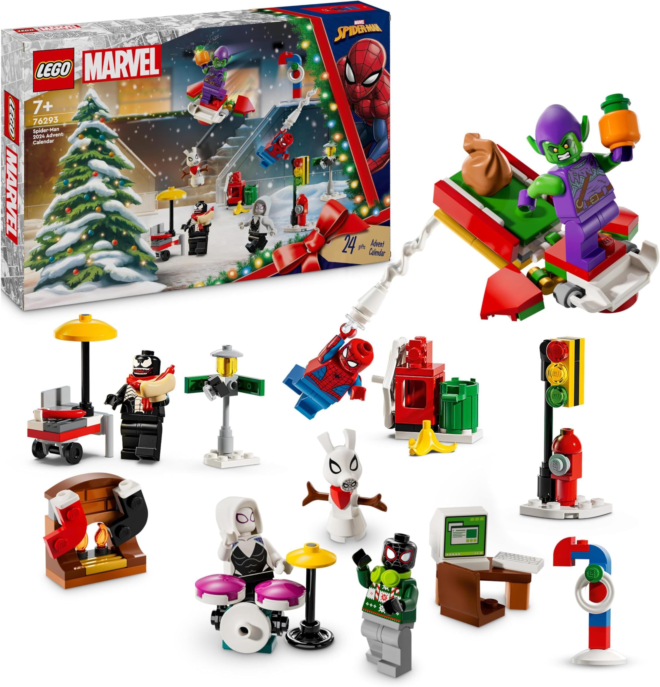 Marvel Spider-Man Advent Calendar 2024, Buildable Christmas Countdown Toy for Kids, with 24 Super Hero Surprises Including 5 Minifigures, Festive Gift for 7 Plus Year Old Boys and Girls 76293