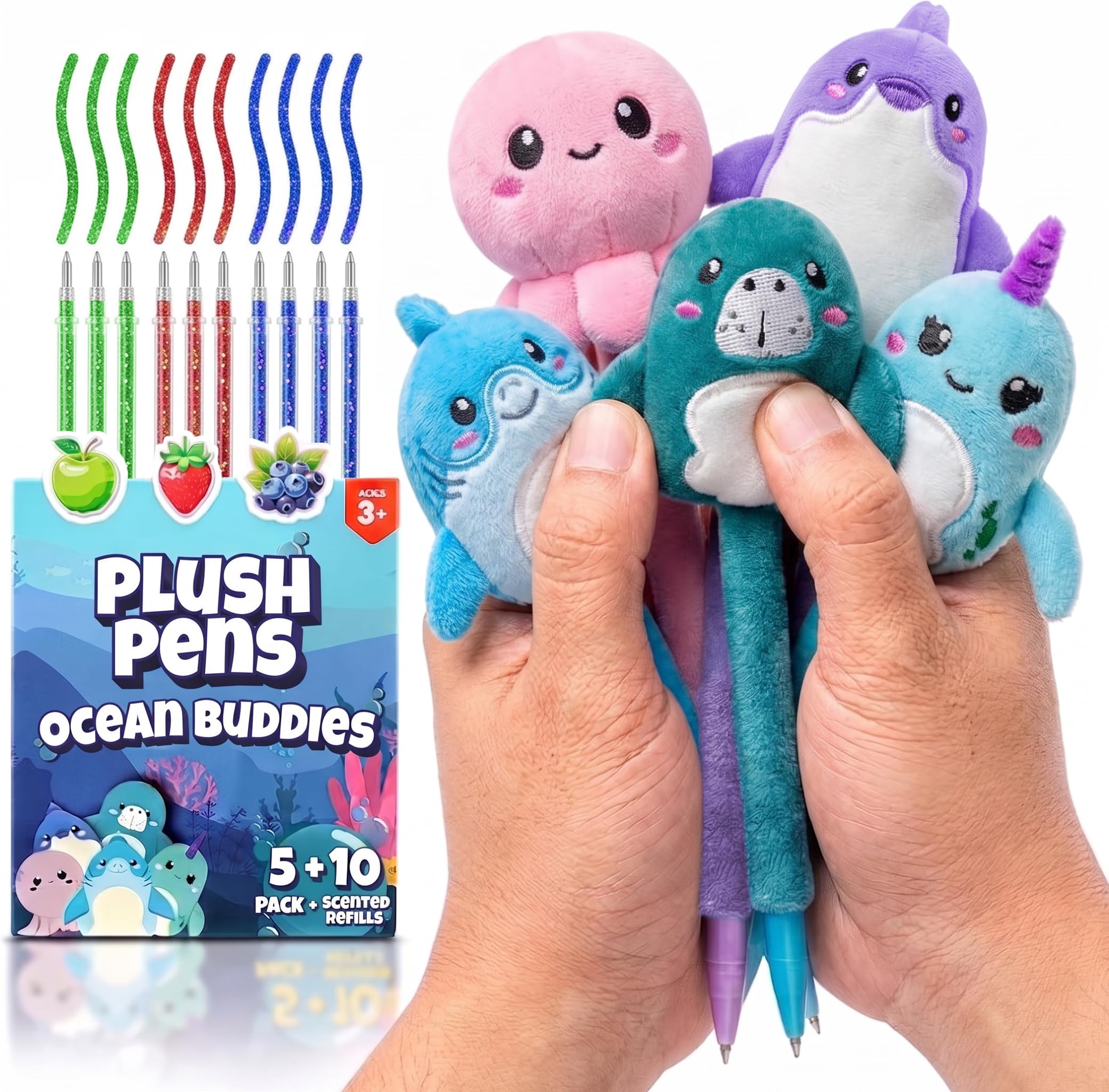 BUNMO Cute Pens - Plush Fun Pens w/Soft Grip &amp; 10 Colorful Refills - Gifts for Tweens - Fun Pencils for Kids - Ocean Animals - Gift for Teens - Squishies for Kids - Plush 5 Pack