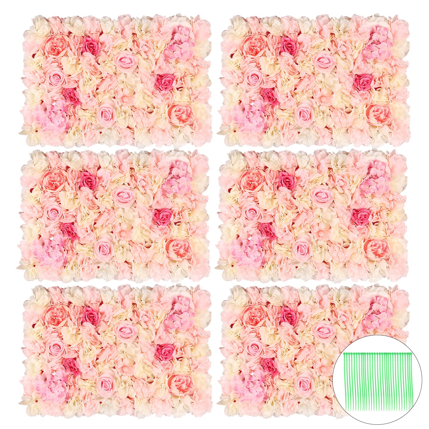 Photo 1 of 24" X 16" Romantic Artificial Flower Wall Pink Silk Flower Backdrop Silk Hydrangea Rose Floral Panel for Wedding 6 PCS