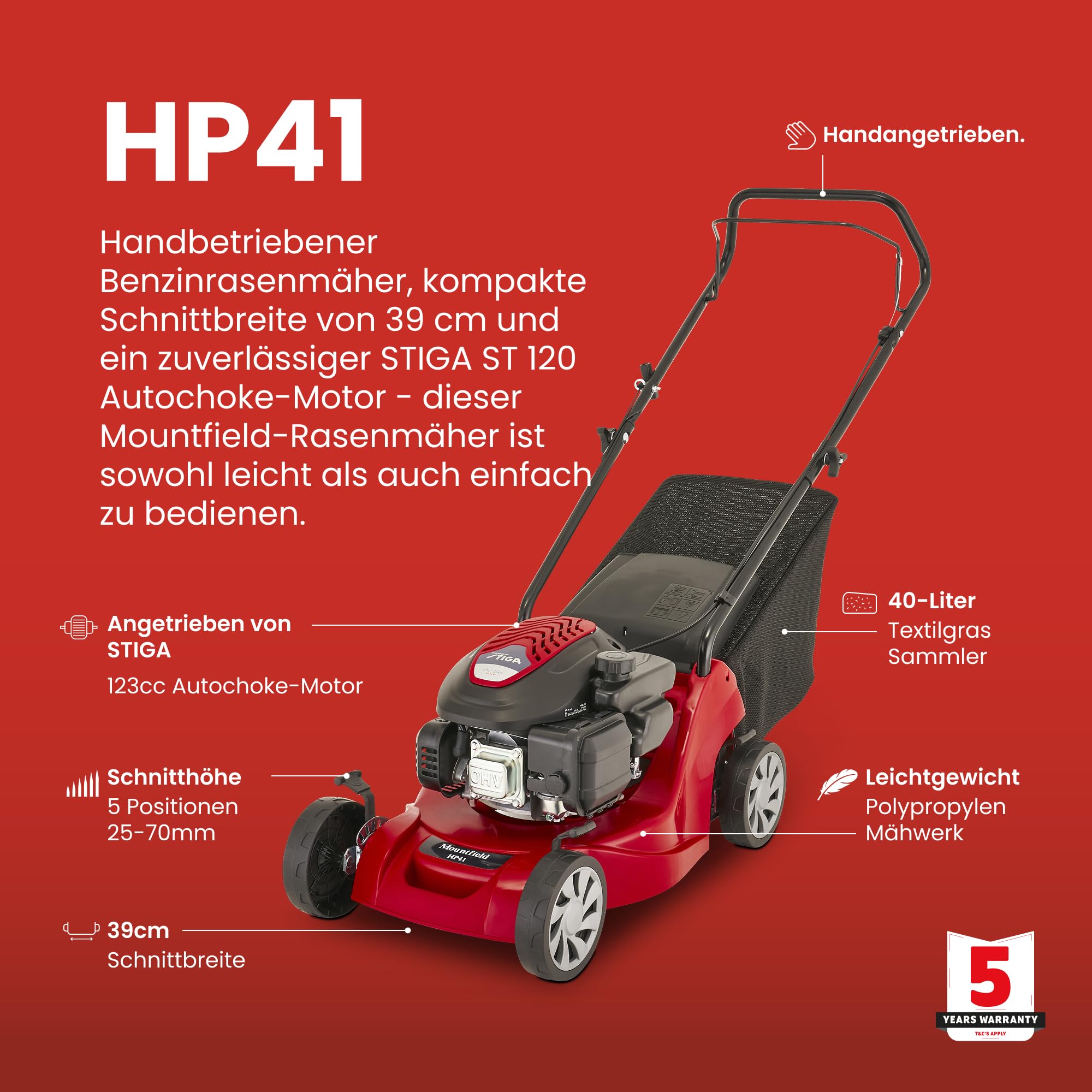 Mountfield HP41 Cortacésped de gasolina, propulsado a mano, 39cm de ancho de corte, 123cc ST120 Autochoke motor de gasolina, hasta 250m², incluye colector de césped de 40L