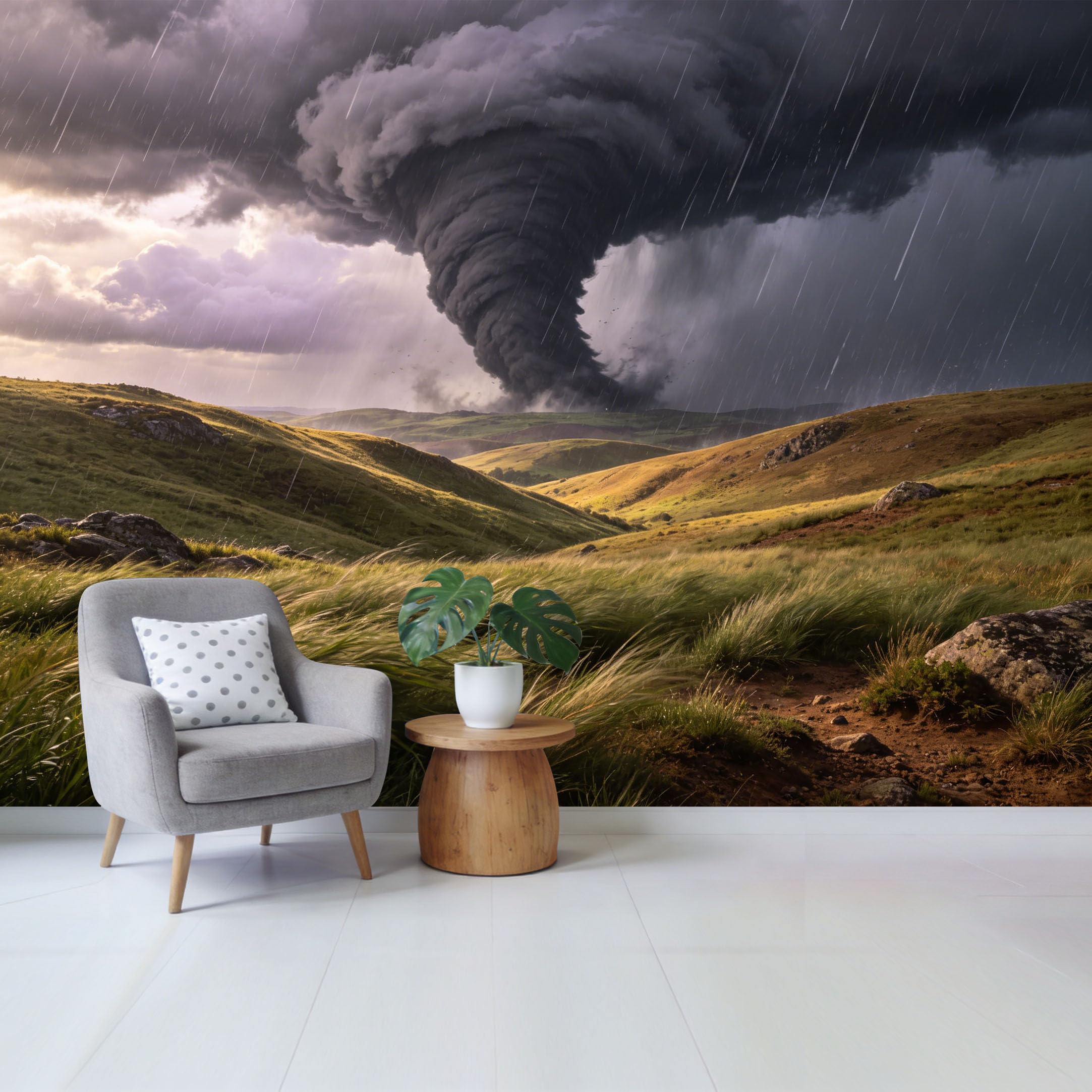Custom Size Wall Mural Dramatic Tornado Landscape Storm Cloud Over Green Valley Removable Self Adhesive Fabric Home Wall Decor for Living Room Bedroom Bathroom