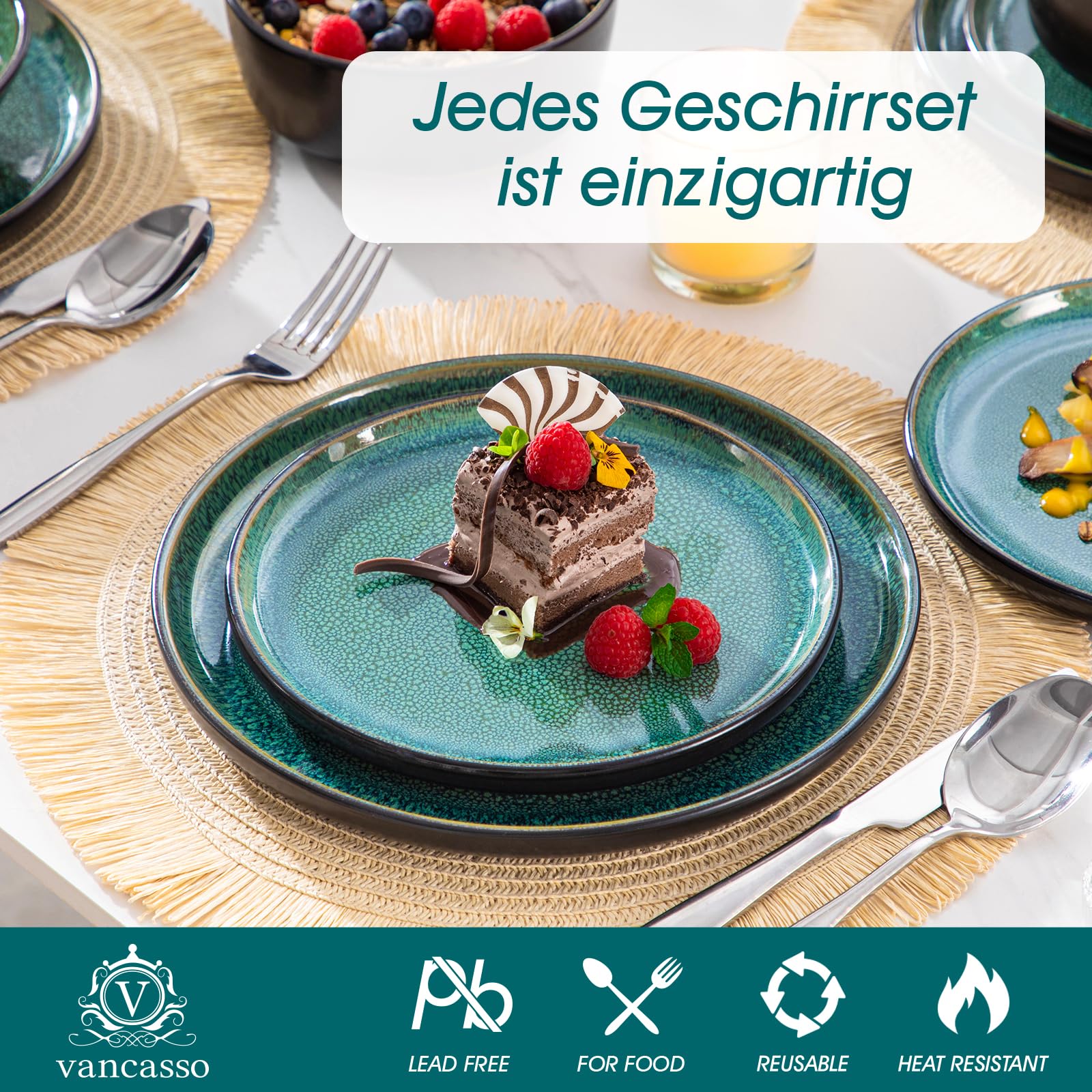 vancasso Série PLAYA Assiettes Service de Table 6 Personnes - Vaisselle 24 Pièces en Grès - 6x Assiettes Plates, à Dessert, Creuses et Bols à Céréales - Adapté au Micro-Ondes - Glaçure Vert