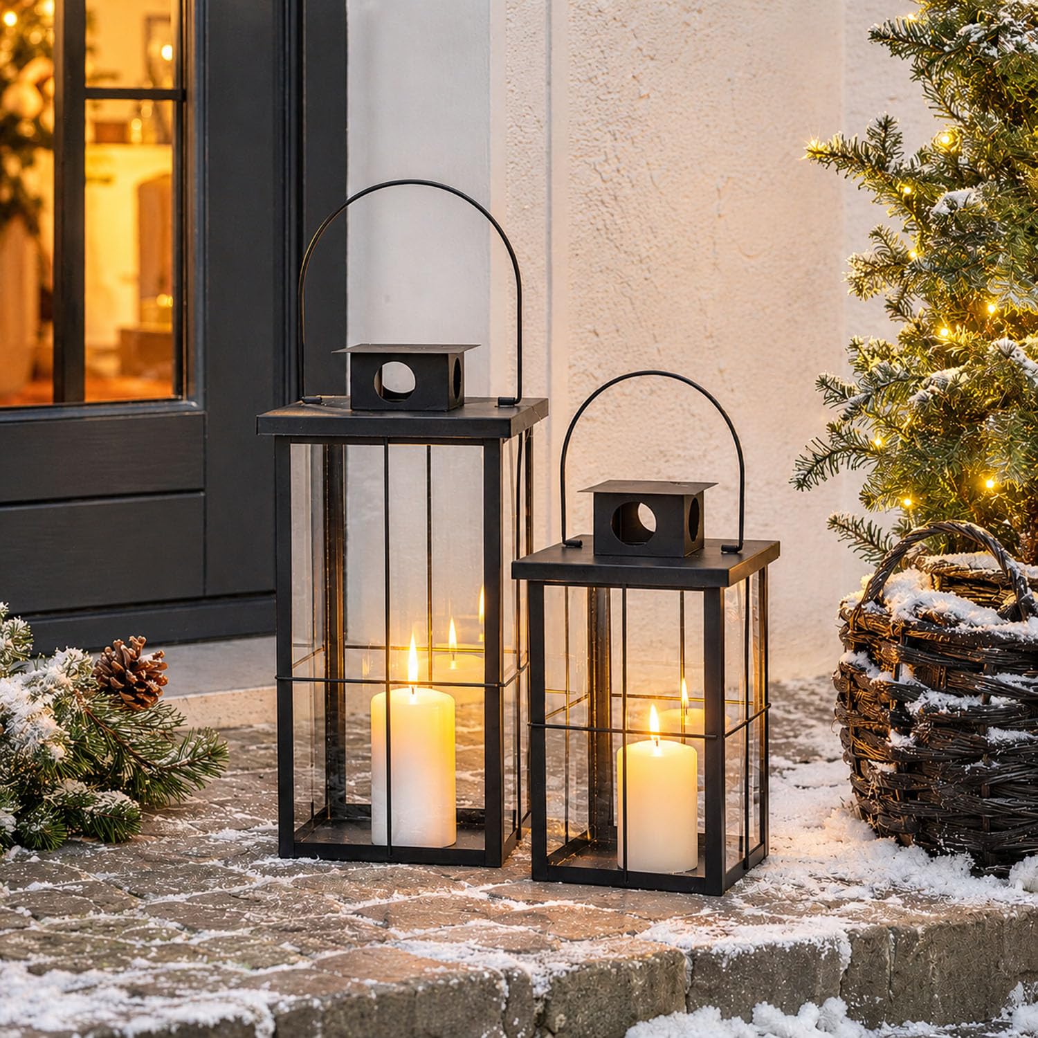 Mojawo 2er XXL Set Gartenlaterne Windlicht Laterne Laternen Metalllaterne Set Dekoration Außen Metall Schwarz H58/45cm