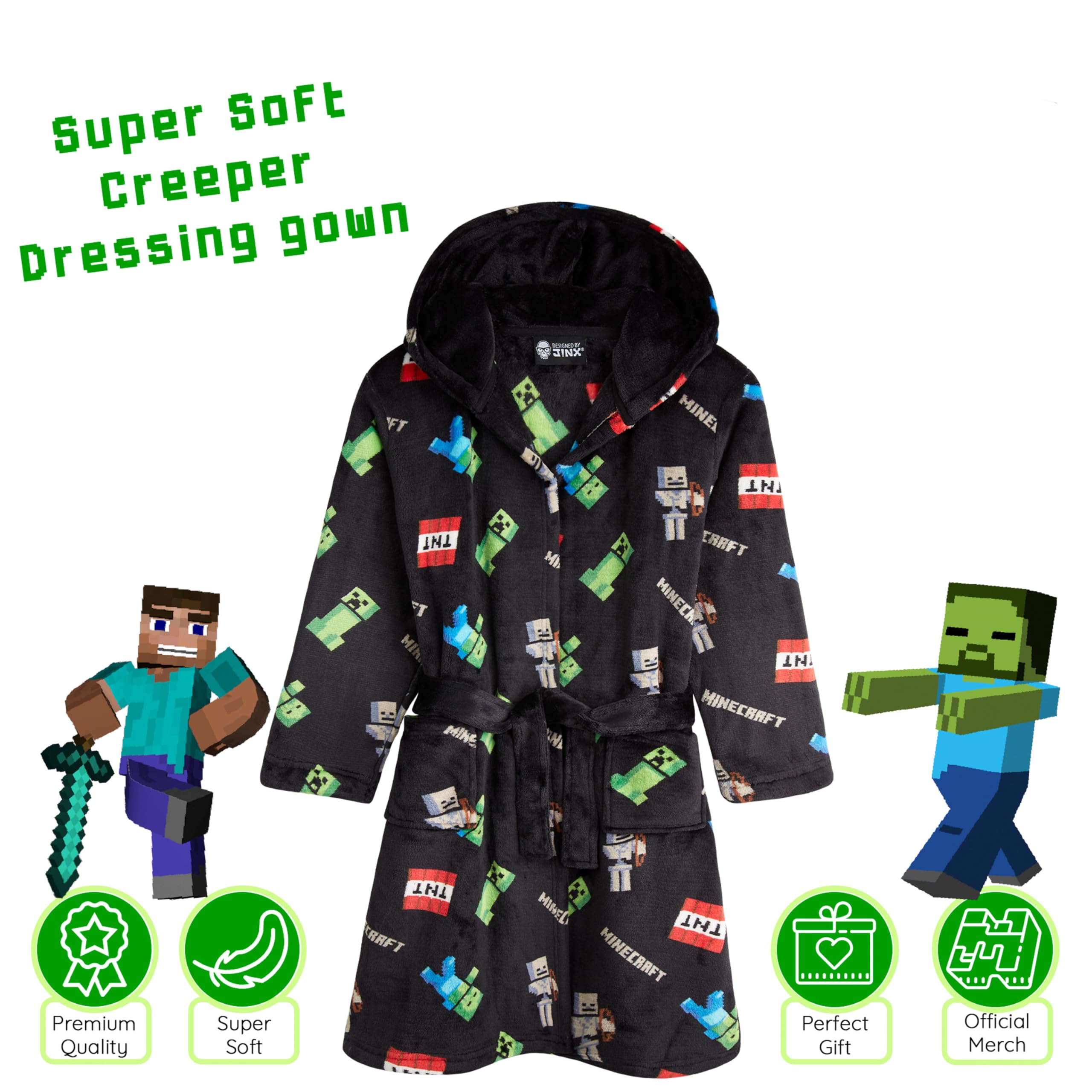 Minecraft Albornoz Niños Creeper Bata Adolescente en Felpa Suave con Capucha Cinturón y Bolsillos Ropa de Dormir Regalos para Niños