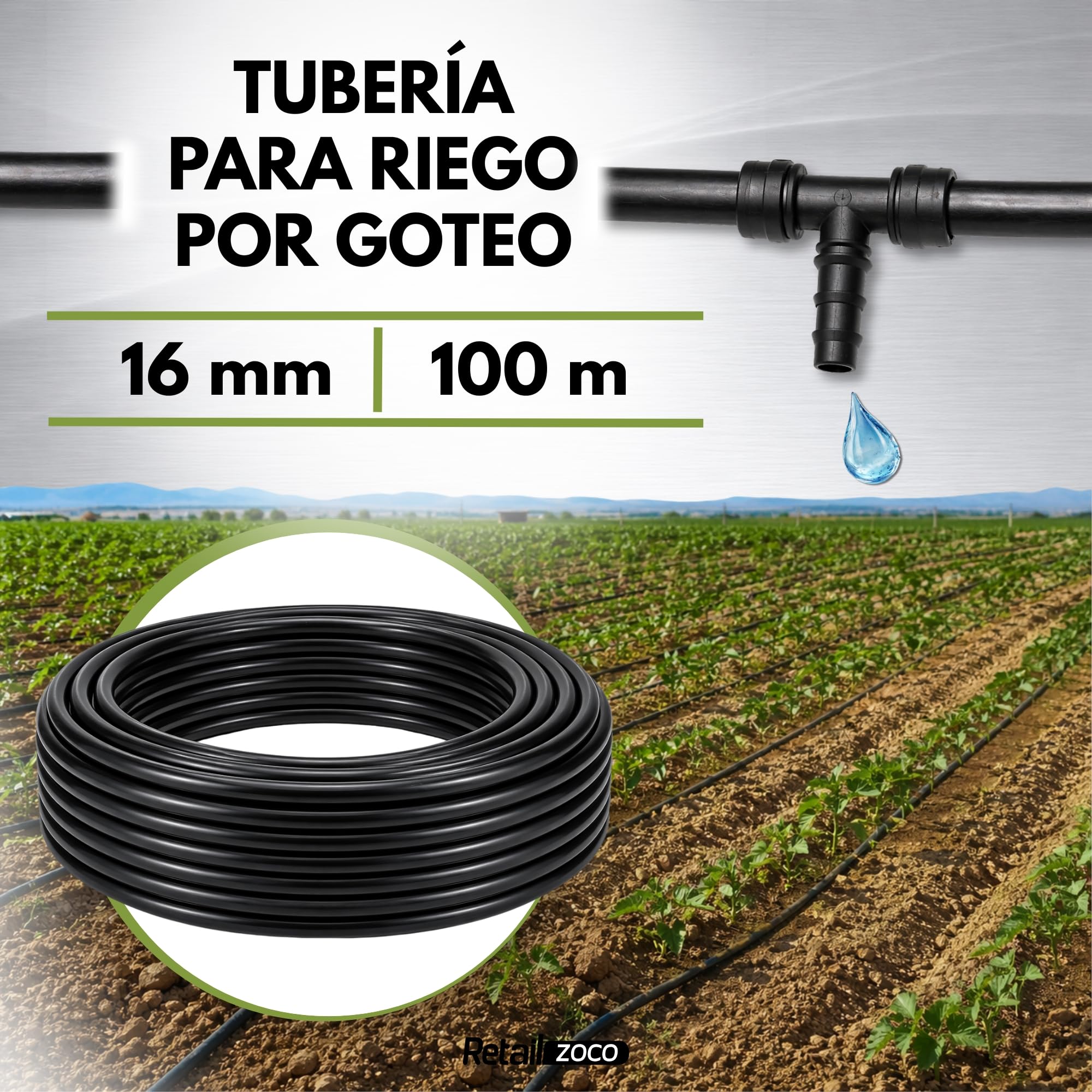 Tuberia de Riego por Goteo, Tubería riego rigida de polietileno (PE) 16 mm de diámetro, Para uso tanto profesional o agrícola, Presión de uso máxima 4 atm, Color Negro, Longitud 100 Metros