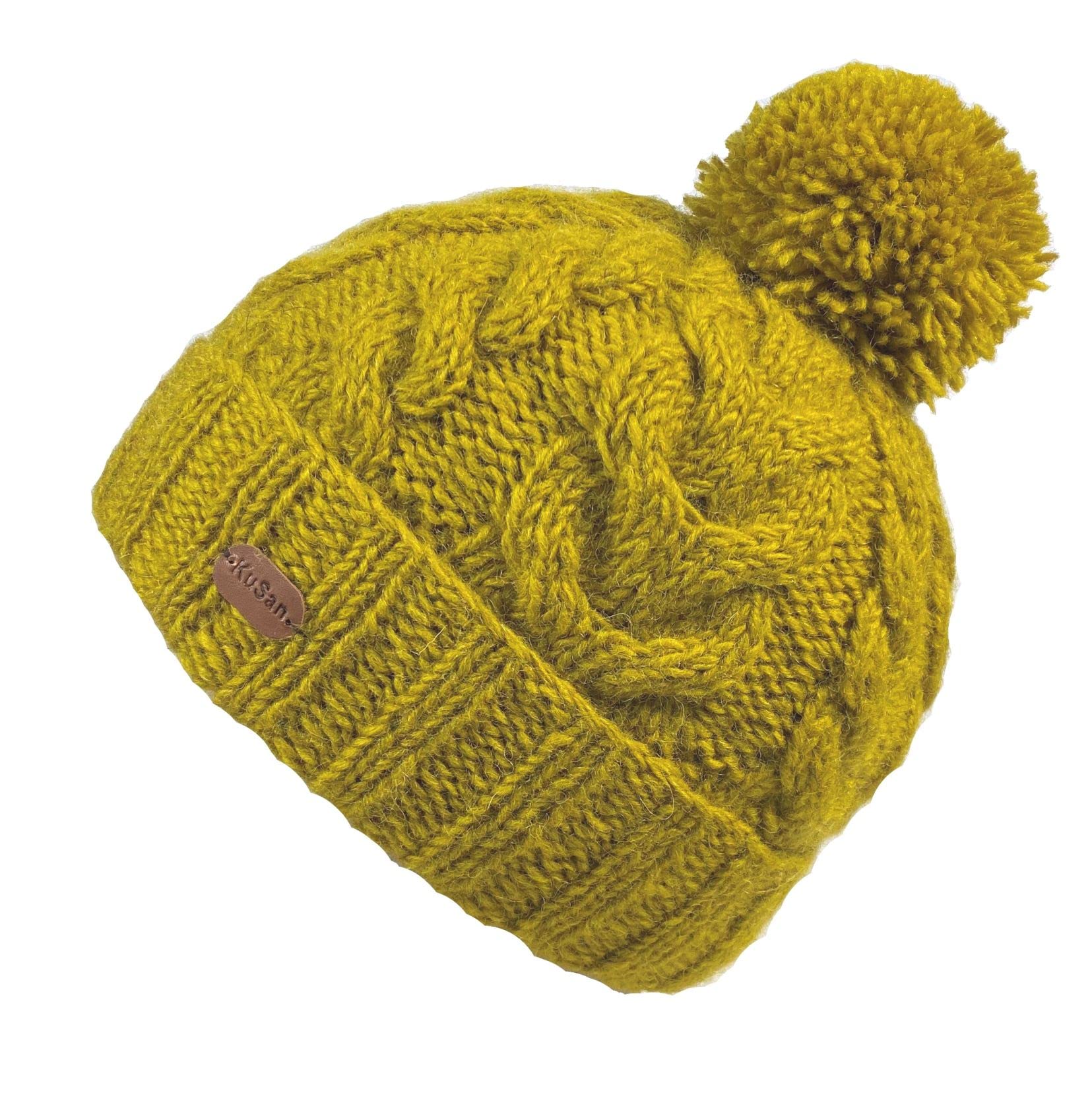 Kusan 100% Wool Cable Knit Bobble Beanie Hat (Unisex) (Yellow)