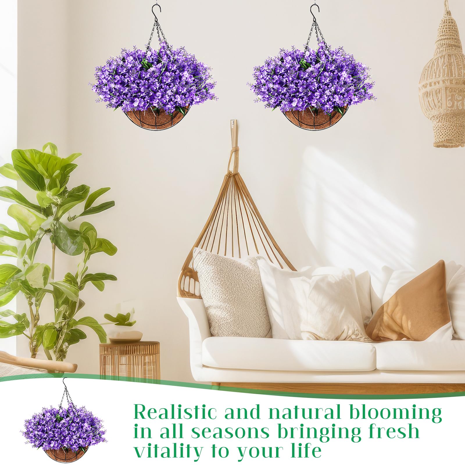 Lyrow Künstliche Hängeblumen im Korb für Frühling, Sommer, Veranda, Haus, Garten, Hof, Dekoration, künstliche Hyazinthen-Arrangement, künstliche Pflanzen in 30,5 cm Kokosnuss-Futter, Korb für Außen-