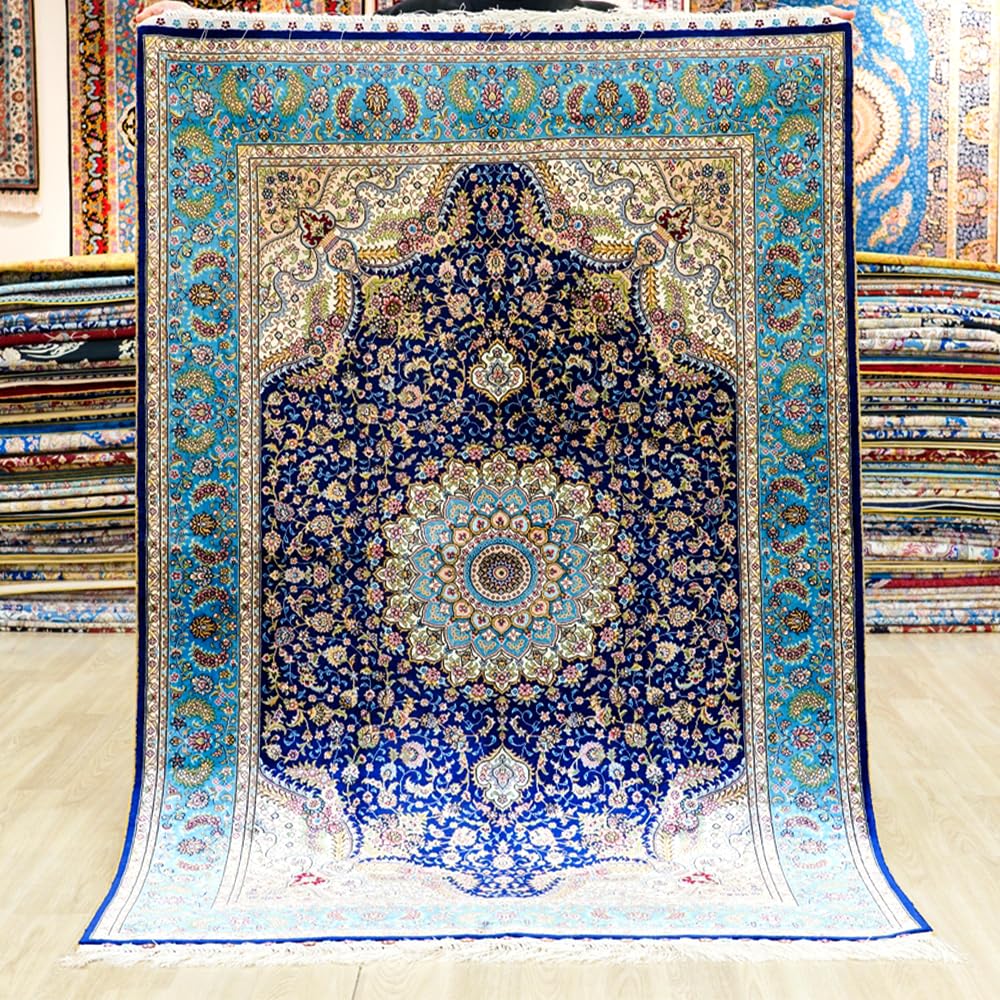 Yuchen Carpet Oriental Silk Rug 4x6 ft Blue Hand Knotted Medallion Vintage Silk Carpet for Living Room