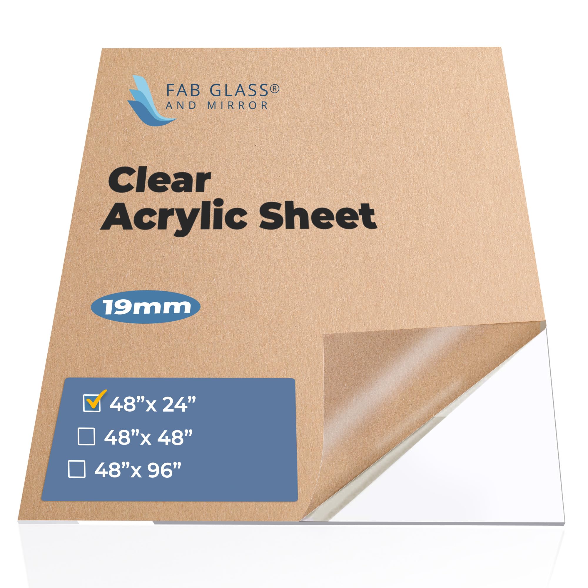 Acrylic Plexiglass Sheet 3/4 Inch Thick(19mm) – 48" x 24" Clear Plastic Board with Protective Film for Home, Office, and Craft Projects by Fab Glass &