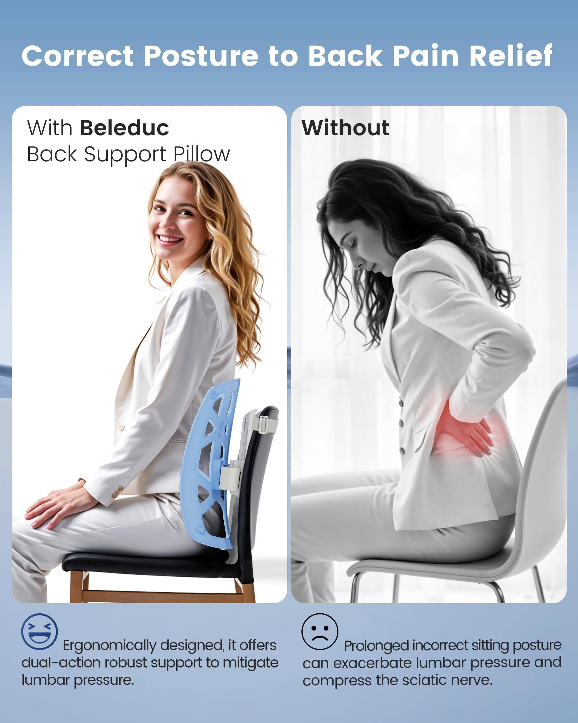Beleduc Almohada de apoyo lumbar para silla de oficina, almohada de apoyo de espalda para coche, apoyo completo para toda la espalda, alivio del dolor, promueve la postura, se adapta a la mayoría de