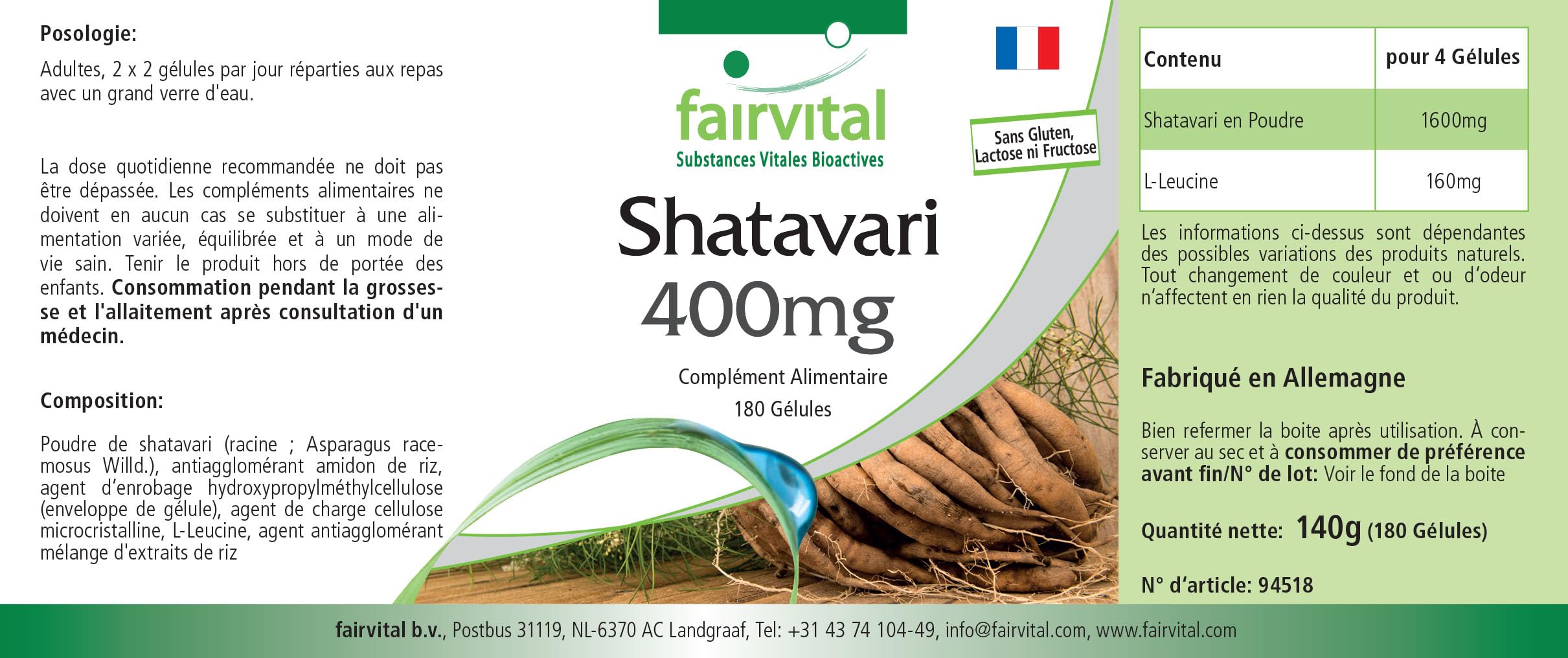 fairvital Shatavari 400mg, 180 gélules, HAUTEMENT DOSÉ, 400mg par gélule, VÉGÉTALIEN, Asparagus racemosus, asperge indienne