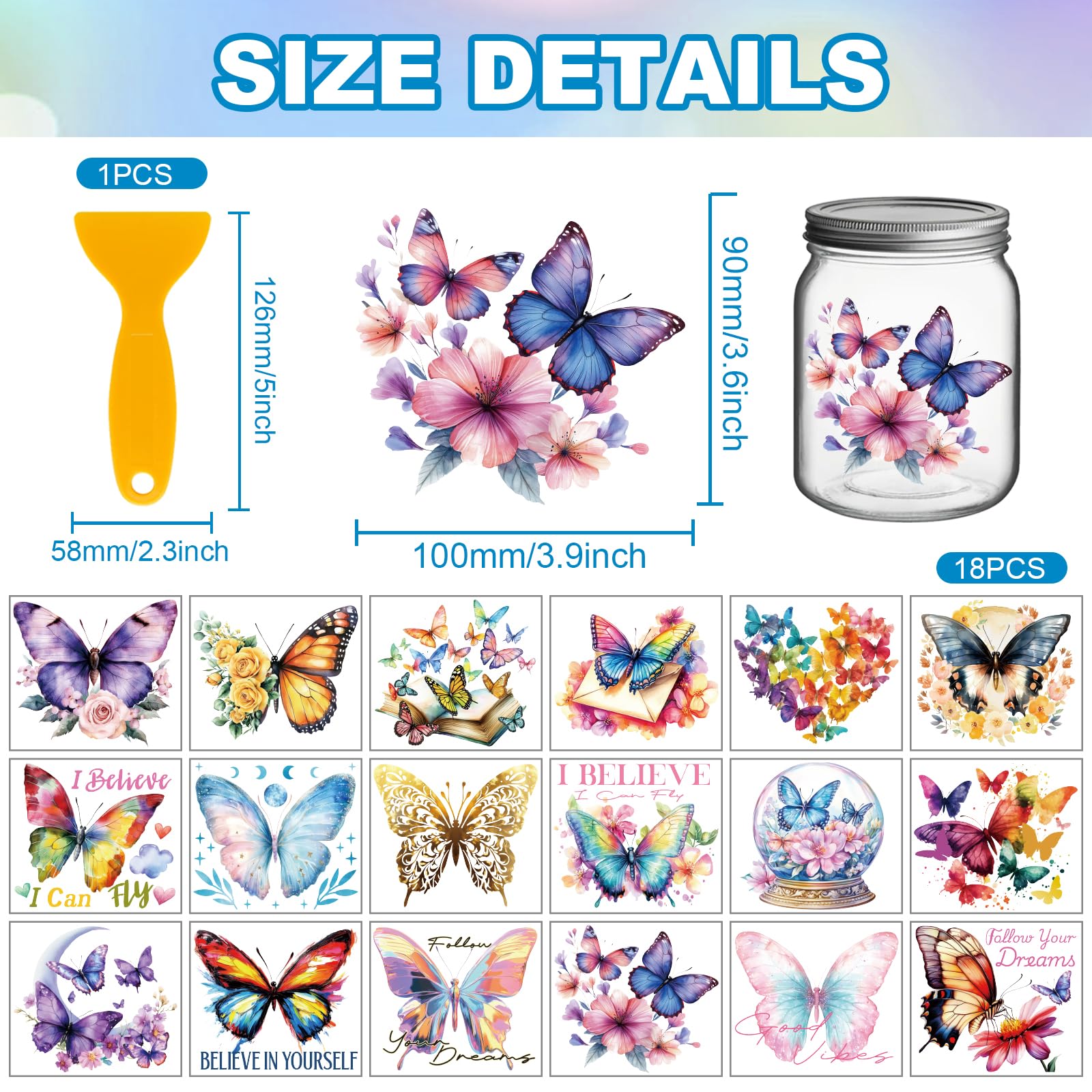 GLOBLELAND 18 Sheets Butterfly Rub on Transfer 3.9x3.6inch Colorful Moon Flowers Vase Home Decals Text Cup Transfer Stickers for Furniture Vase Glass Art Crafts Decorations - Image 2