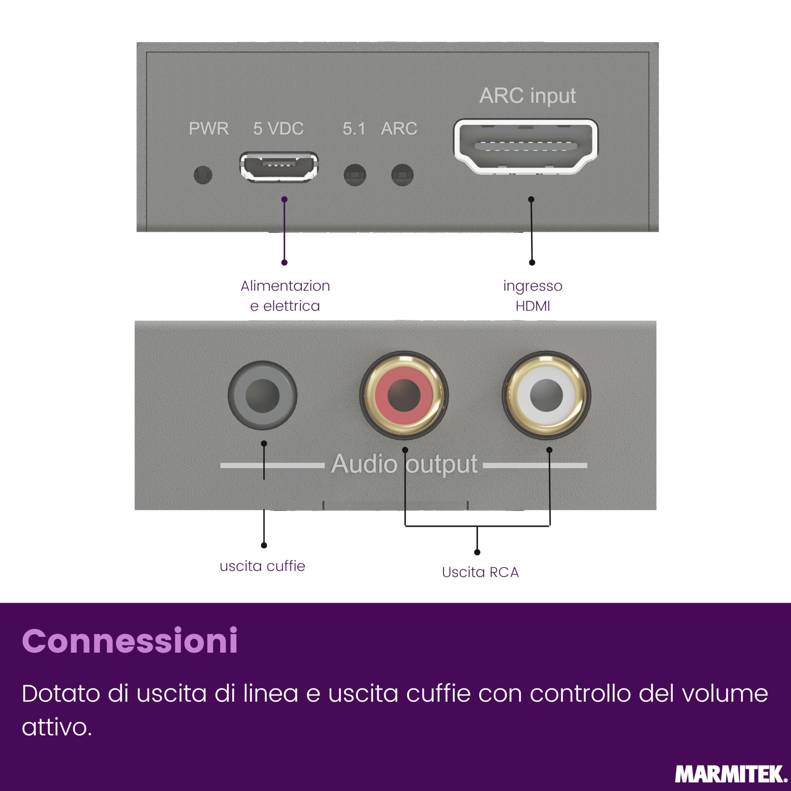 Marmitek Connect ARC13 - Estrattore audio HDMI ARC CEC per TV e RCA audio | Adattatore TV verso amplificatore, altoparlanti attivi o cuffie, uscita stereo L/R RCA, jack 3,5 mm e controllo CEC