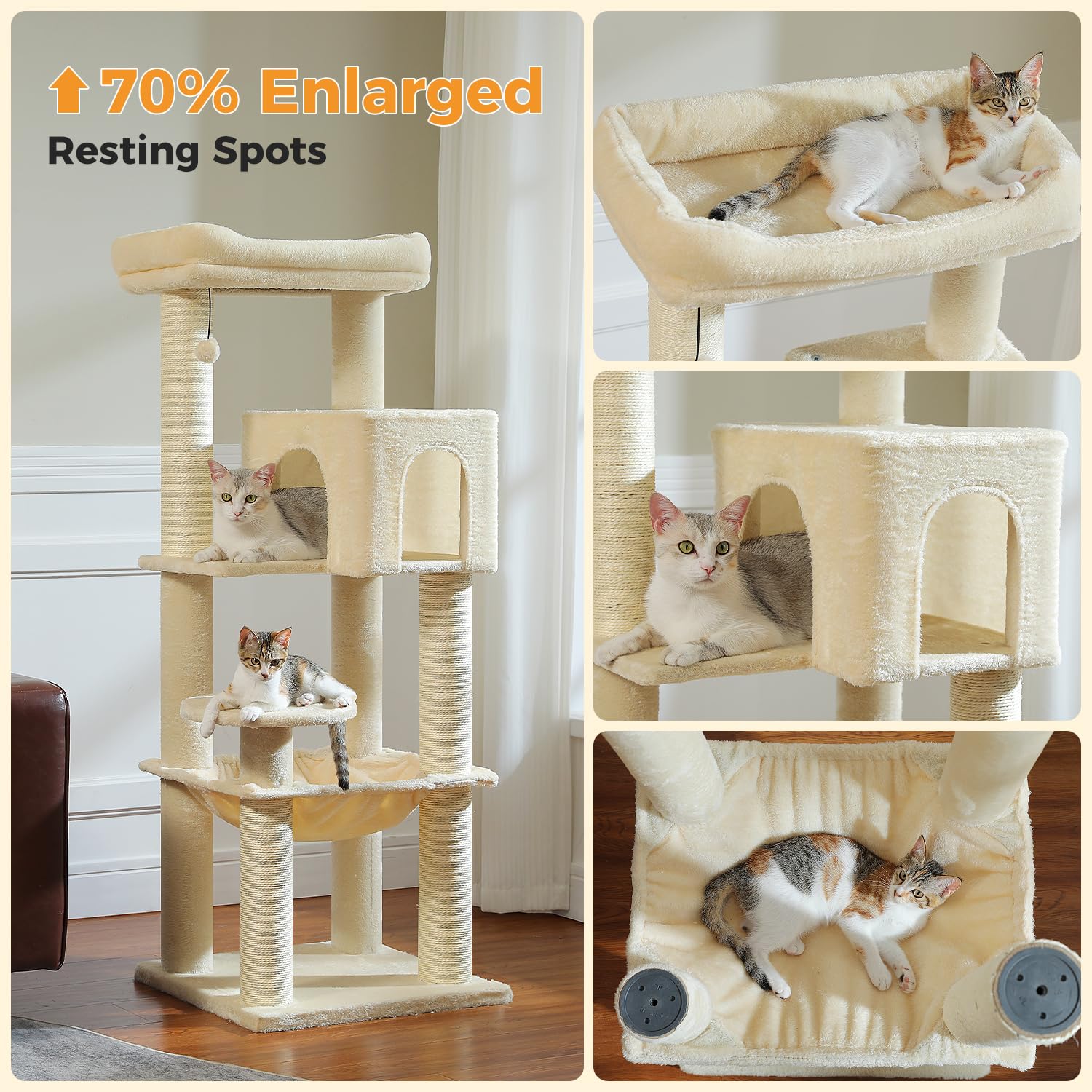 PAWZ Road Albero per gatti grande da 147 cm, con tiragraffi ispessiti (φ3,7 pollici) per gatti adulti di grandi dimensioni, 13,6 kg, centro attività multi-livello con struttura in metallo, amaca e