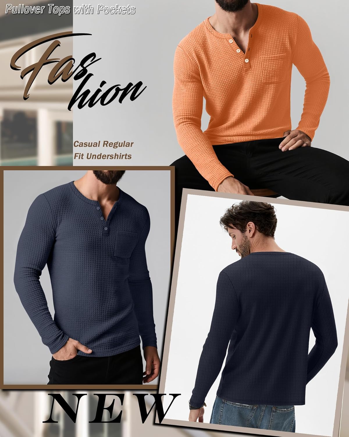 3 Pack Men's Waffle Henley Long Sleeve Thermal Shirts, Lightweight Casual Undershirts Pullover Tops with Pockets - Image 5