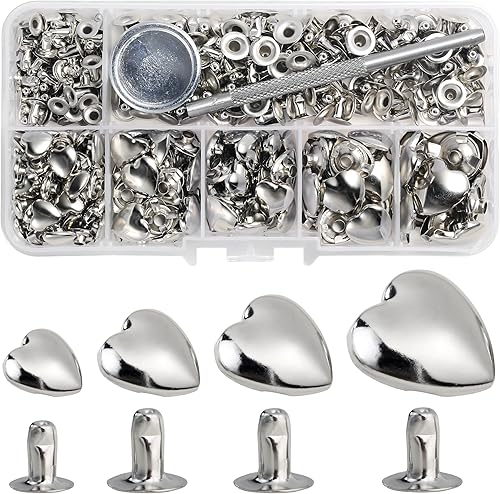 YORANYO 150 juegos de remaches de cuero, remaches de varios tamaños para cuero, tachuelas de corazón para ropa, remaches plateados de tela con