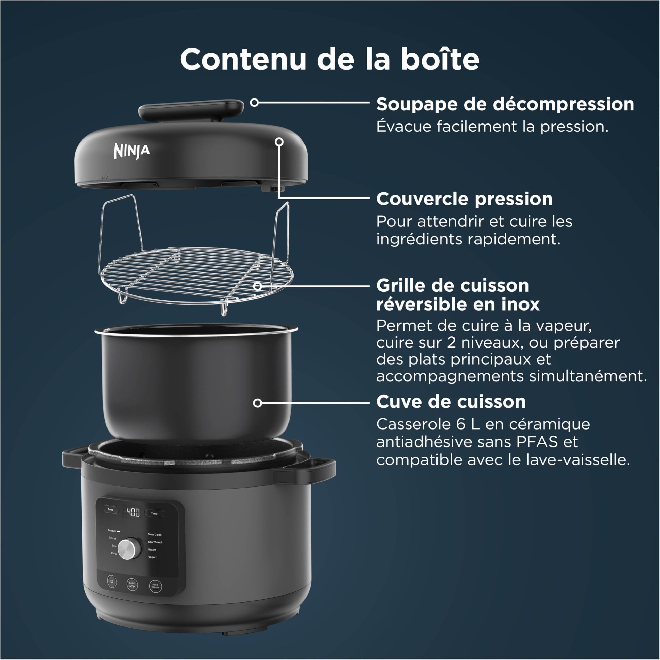 Ninja HyperHeat Autocuiseur Électrique, Mijoteuse, Cuiseur à Riz 9-en-1 de 6 l avec Grille de Cuisson Vapeur et Cuve de Cuisson Amovible Lavable au Lave-Vaisselle, Pour le yaourt, le Riz, Noir PC201EU