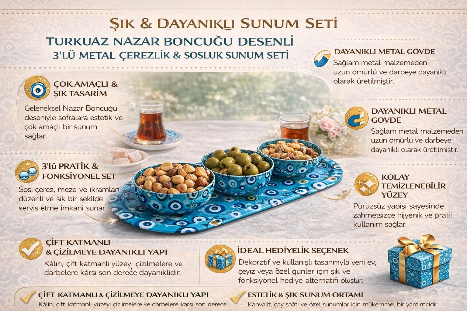 Turkuaz Nazar Boncuğu Desenli 3’lü Metal Çerezlik ve Sosluk Sunum Seti, Dayanıklı Baskılı Servis Tepsili Kahvaltılık, Atıştırmalık ve Lokumluk Kase Takımı, Modern Dekoratif Sofra Sunum Ürünü