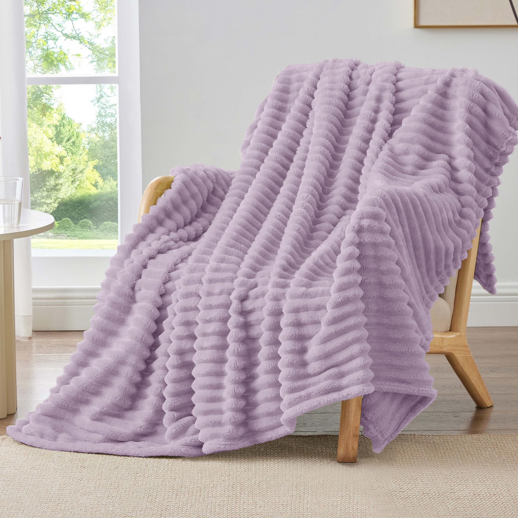 BEDELITE Twin Blanket for Couch & Bed, 300GSM Soft & Warm Fleece Blanket, Decorative and Giftable Striped Lilac Blankets for Women, Men, 60"x80"