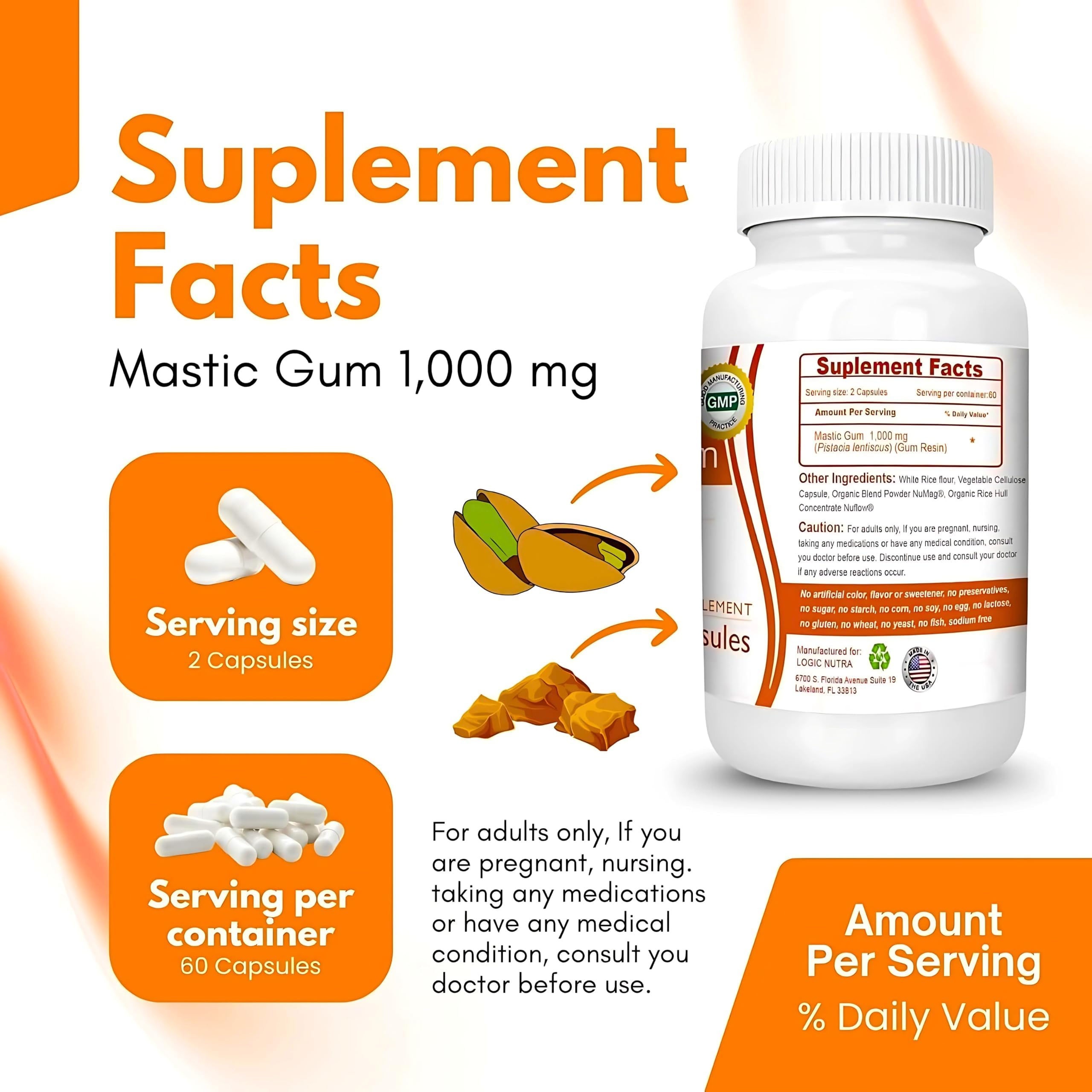 Premium Mastic Gum Capsules - Natural Gastrointestinal Support Supplement, 1000mg Per Serving - 120 Capsules (1 Bottle) — Amazon image 2