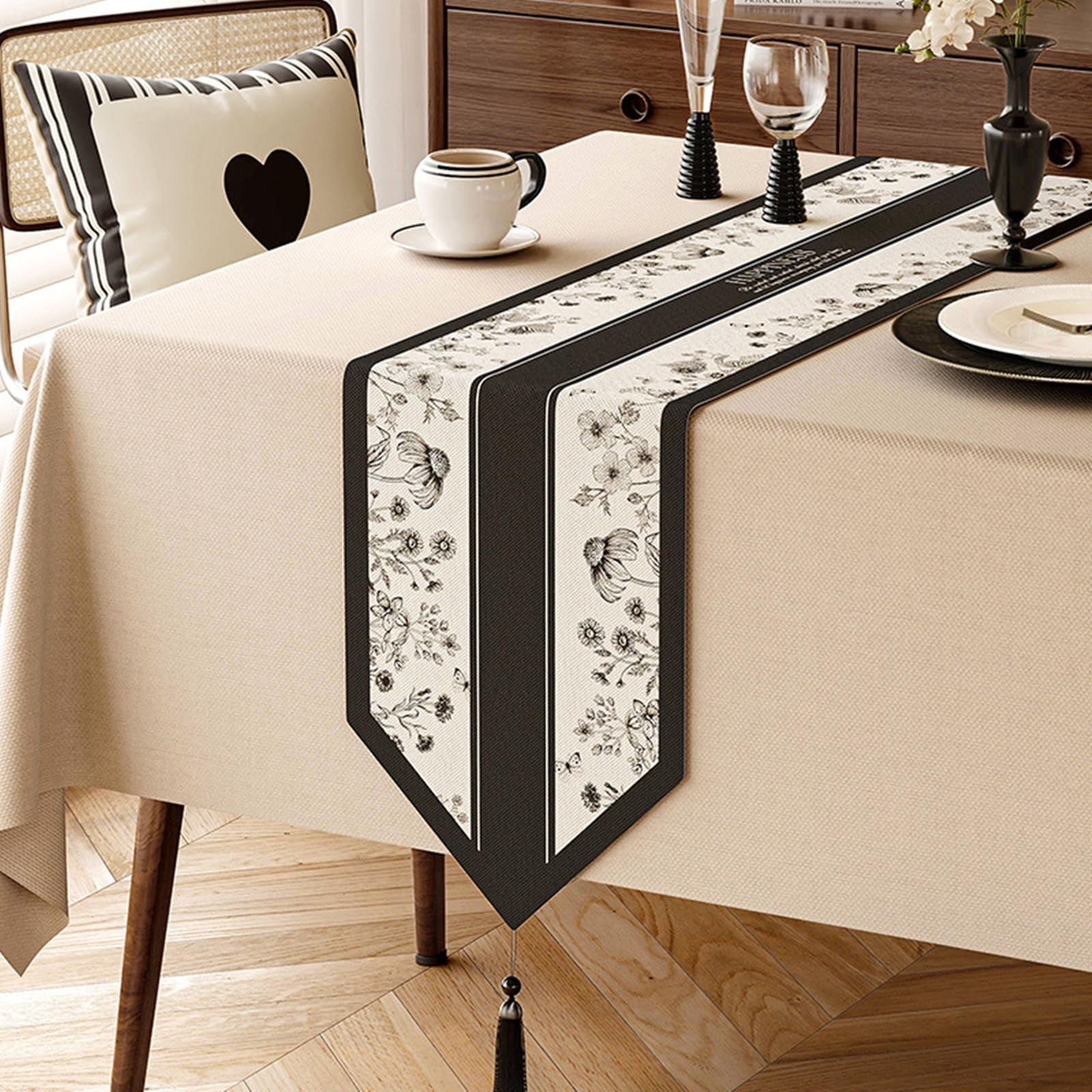 Camino de mesa decorativo de lino y algodón, 240 cm de largo, a rayas, flores, hojas y mariposas, mantel con borlas, mantel para fiesta en casa, negro, beige, blanco, 30 x 240 cm