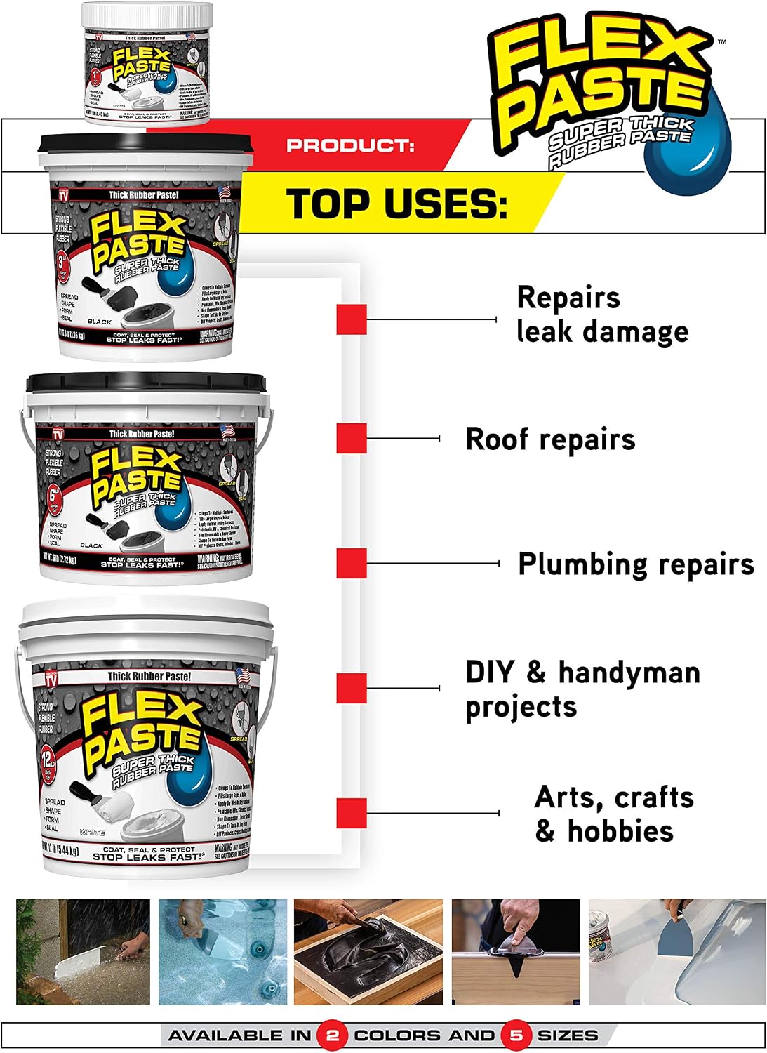 Flex Paste, 3 lb Tub, Black, Waterproof Paintable Putty, Spackle Sealant, Fill Gaps Cracks Holes - Block Out Water and Air - UV Resistant - Walls, Drywall, EPDM, Concrete, Roof, RV Repairs