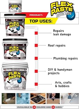 Flex Paste, 6 lb Tub, Black, Waterproof Paintable Putty, Spackle Sealant, Fill Gaps Cracks Holes - Block Out Water and Air - UV Resistant - Walls, Drywall, EPDM, Concrete, Roof, RV Repairs
