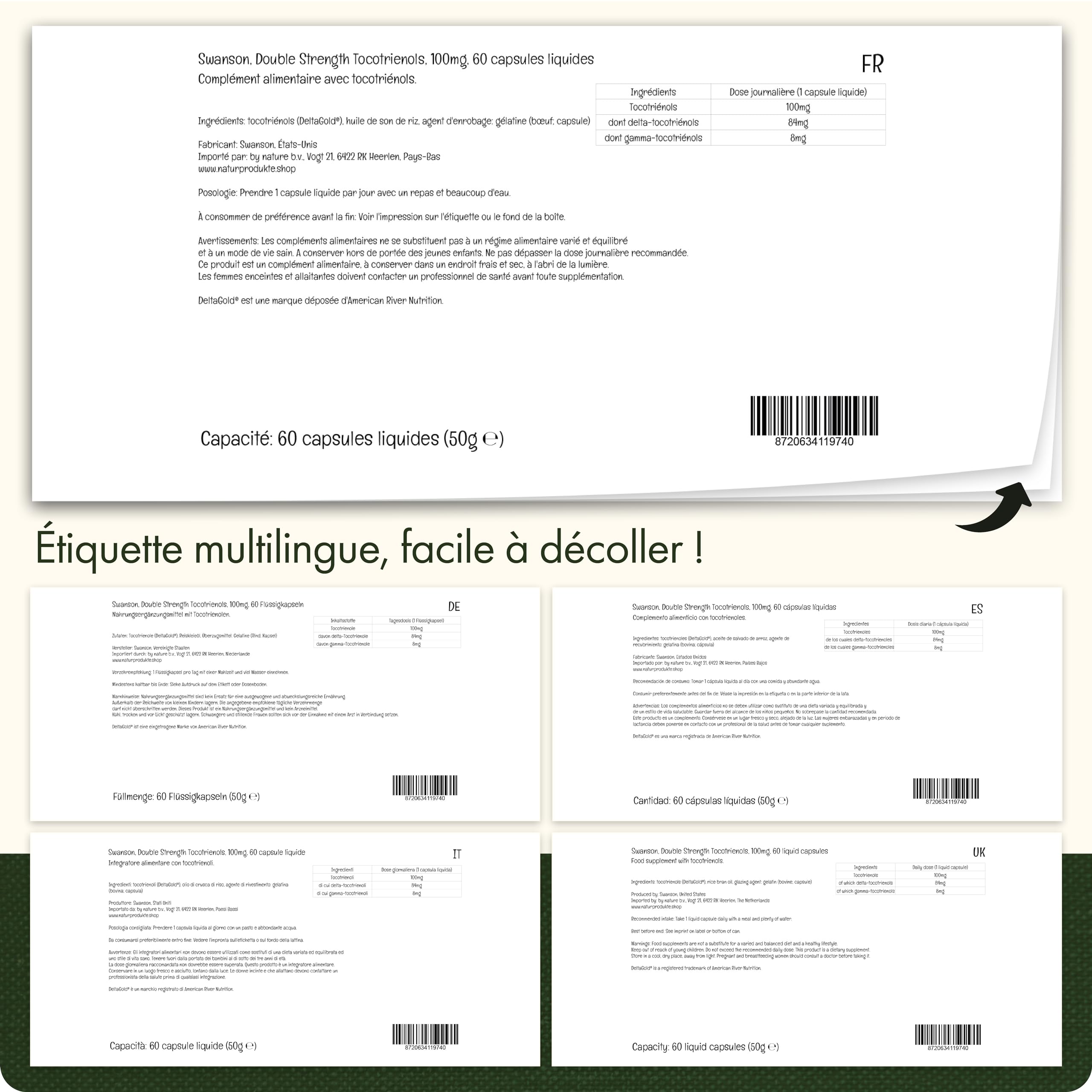 Swanson, Tocotrienols, Double Strength, Vitamine E, 60 Capsules liquides, Haute Dosé, Sans Gluten, Sans OGM
