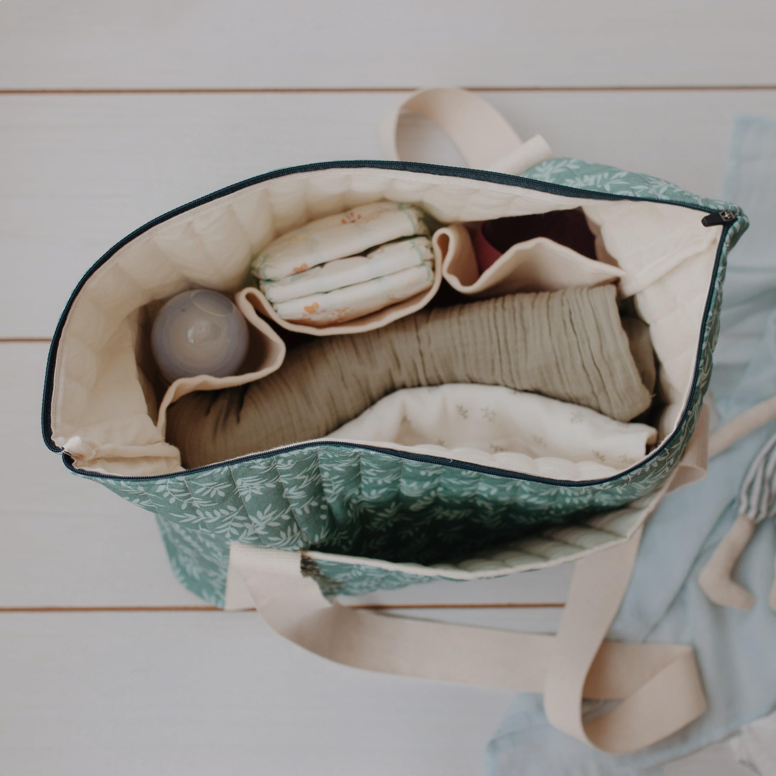 Sac à langer en coton matelassé grande capacité avec 3 poches, poignées en toile
